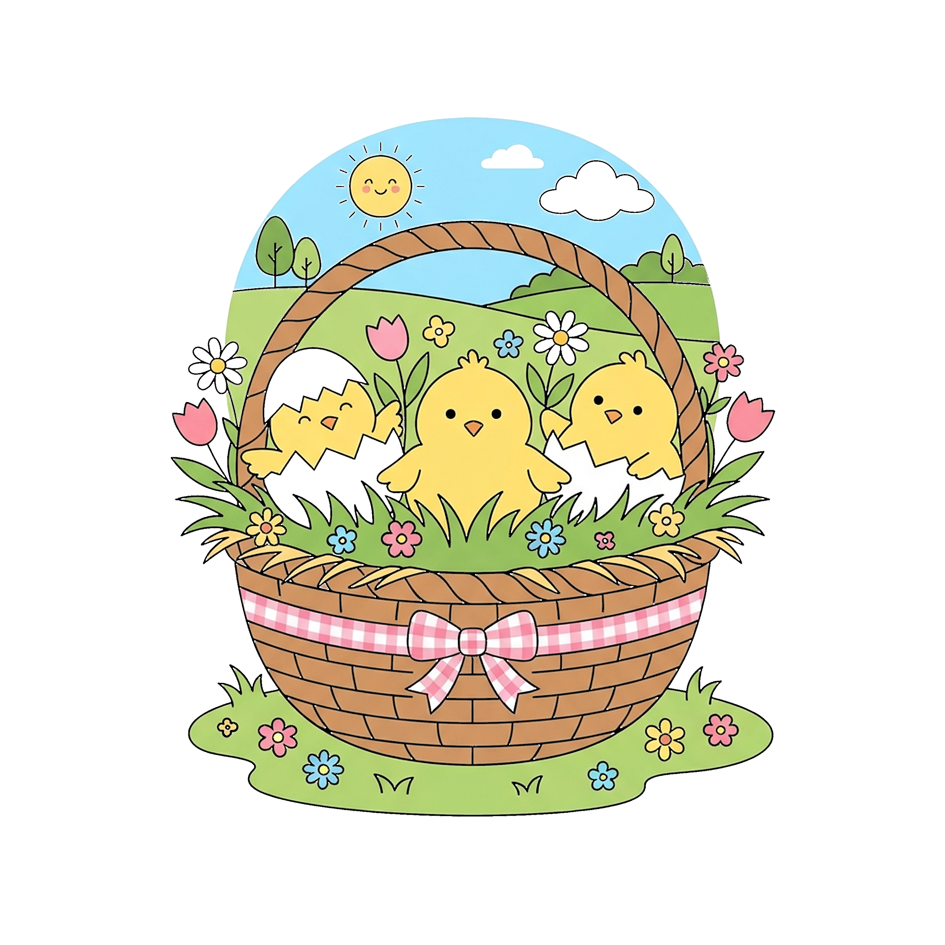Baby Chicks In Basket coloring page