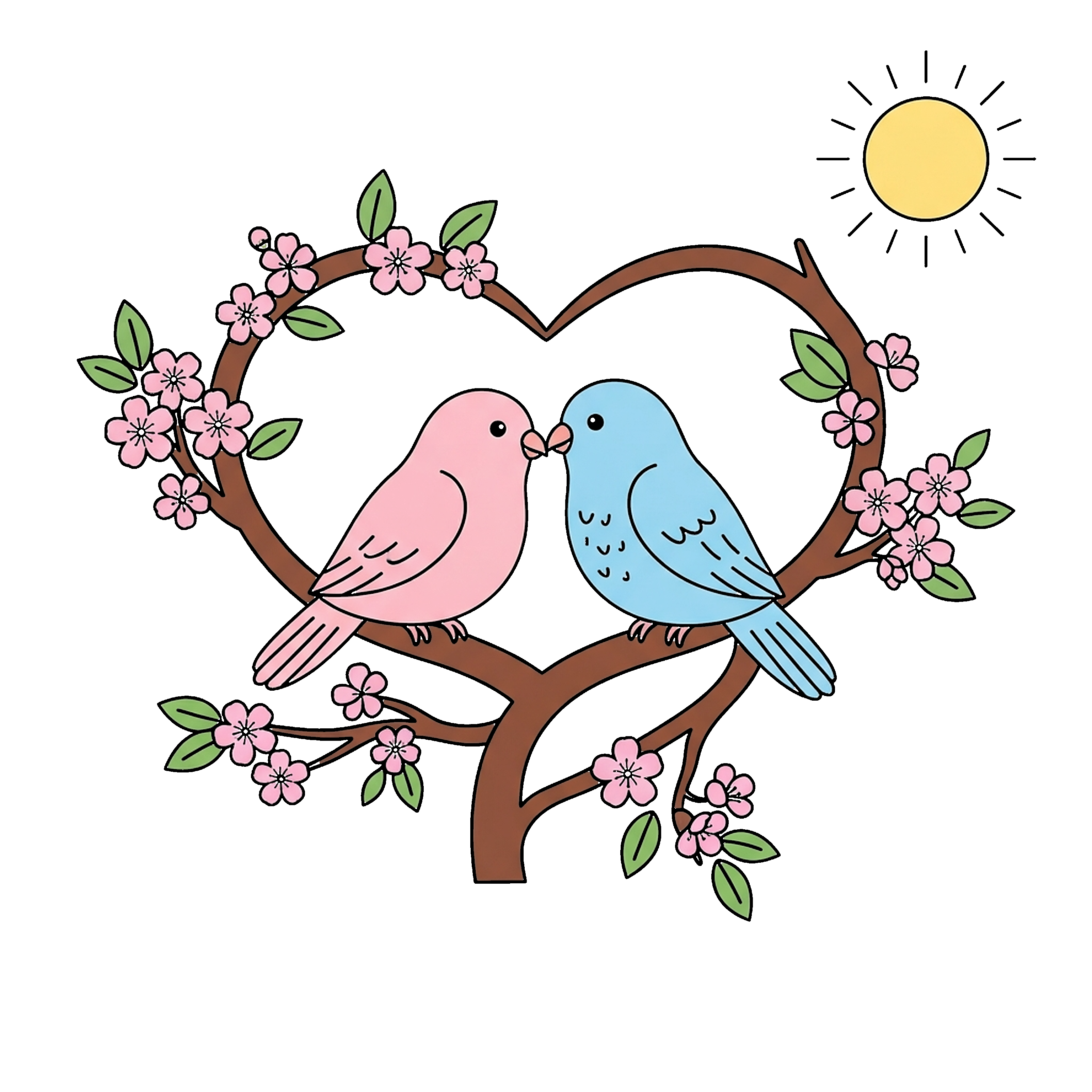 Lovebirds On Heart Branch coloring page
