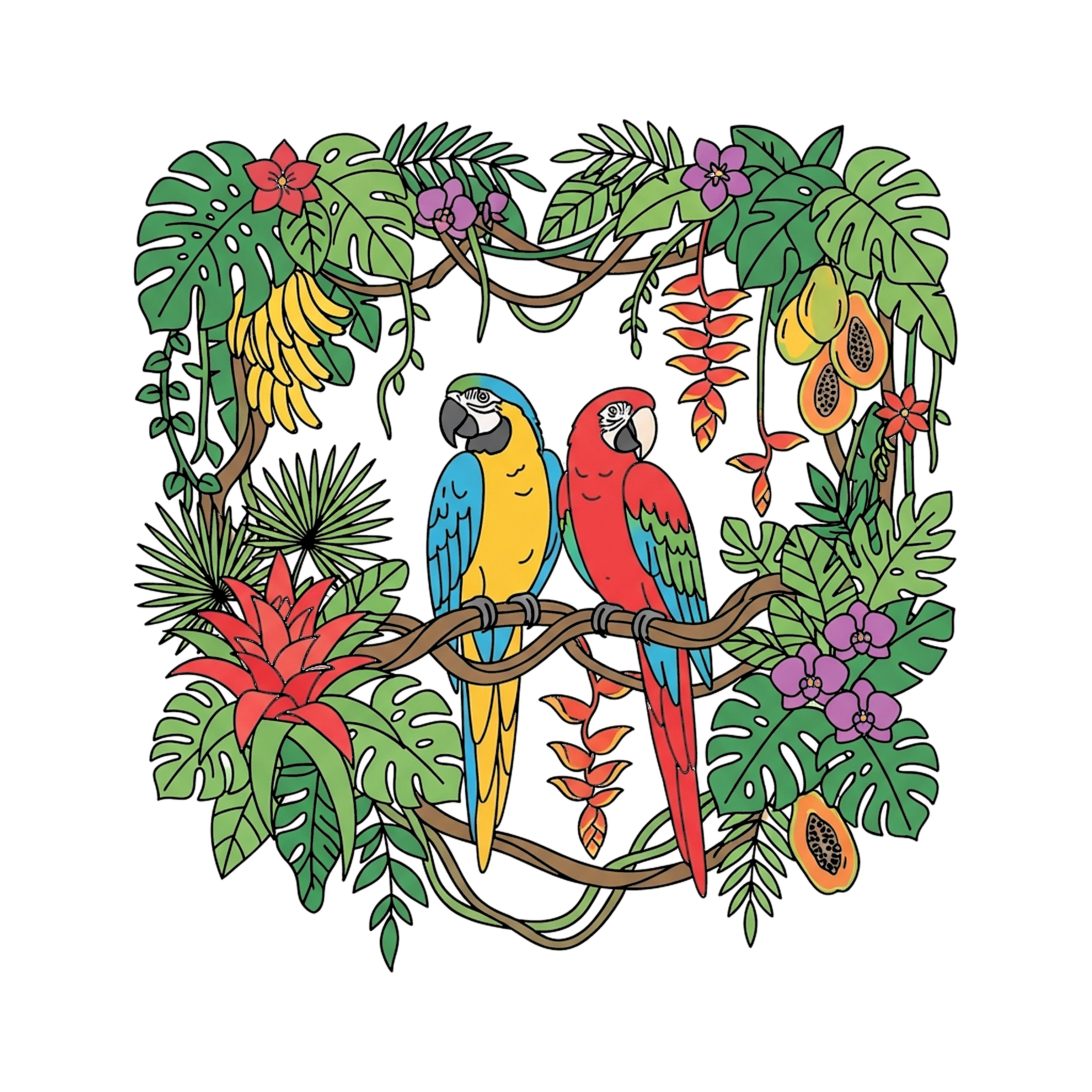 Macaw Pair In Jungle coloring page