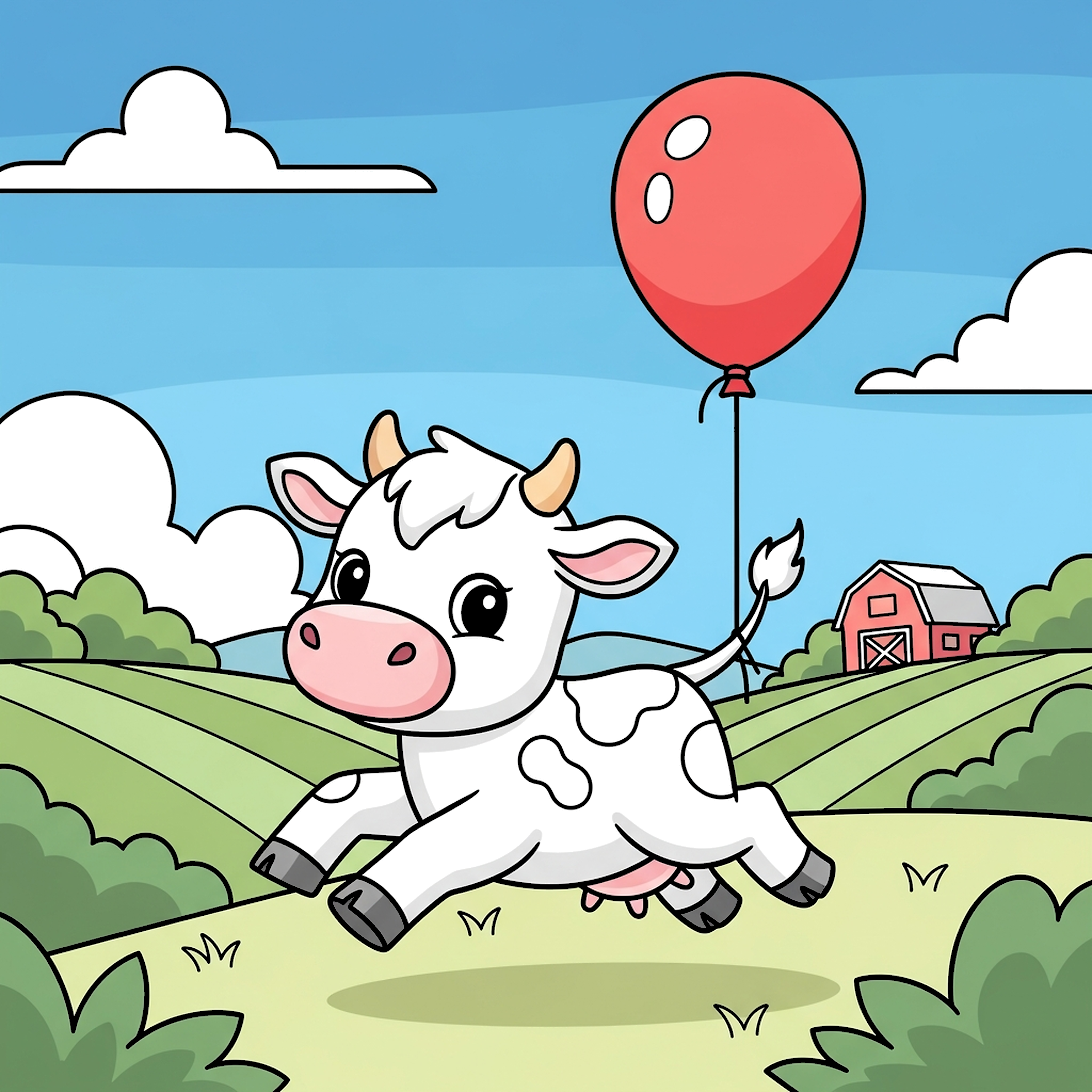 Baby Cow Running With A Red Balloon coloring page