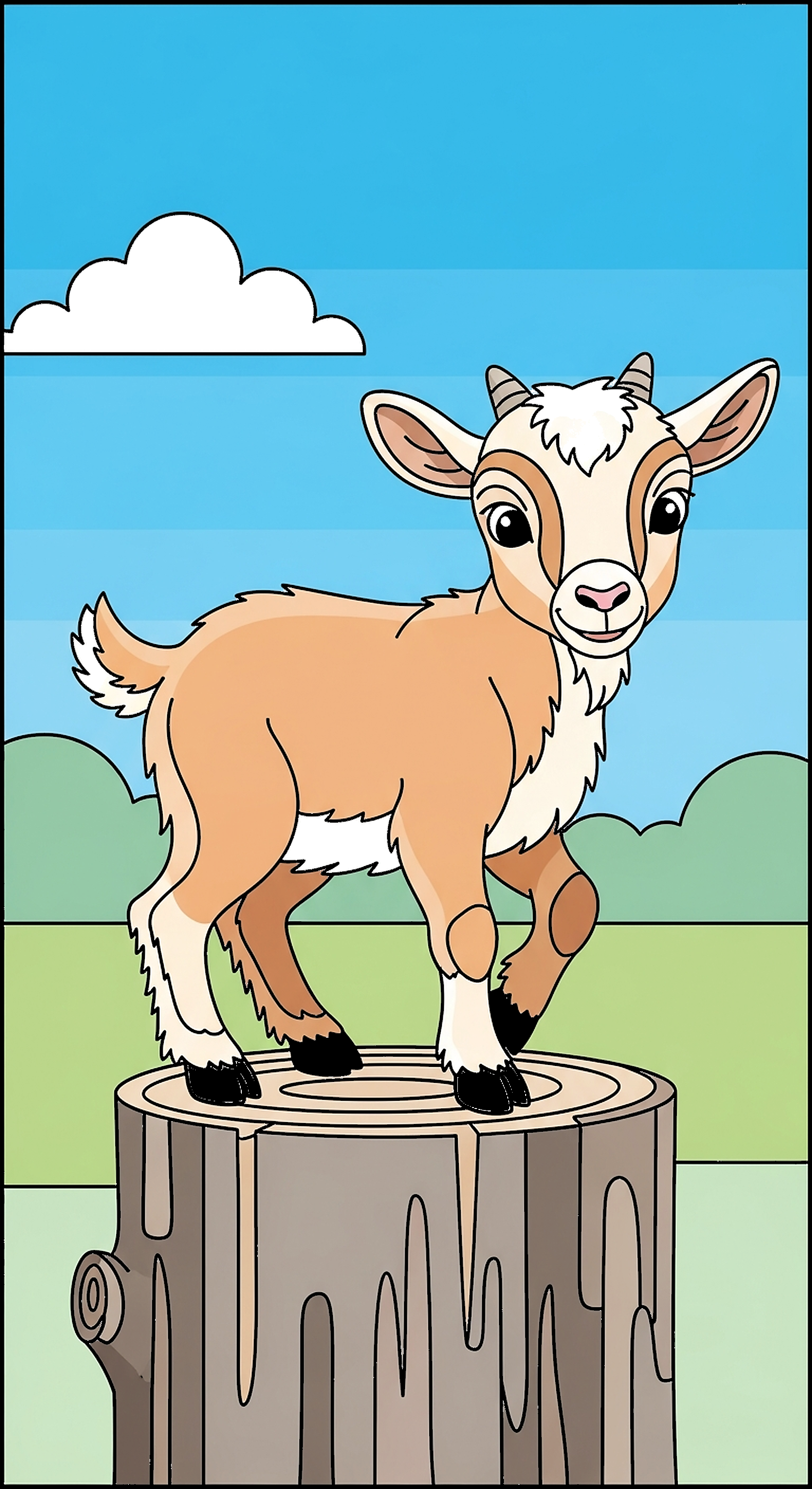 Baby Goat Balancing On A Wooden Stump coloring page