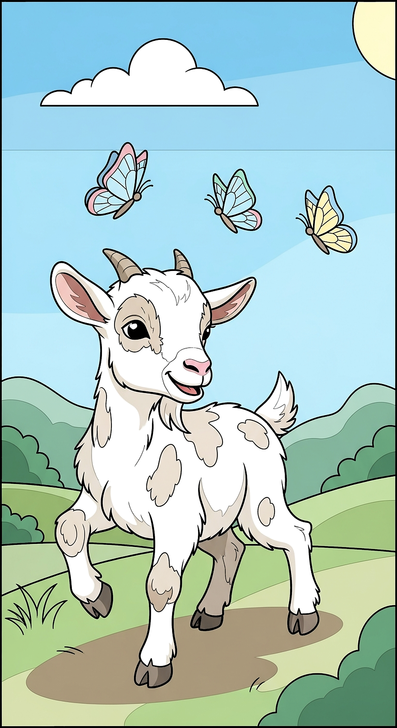 Baby Goat Chasing Butterflies Bright And Playful coloring page