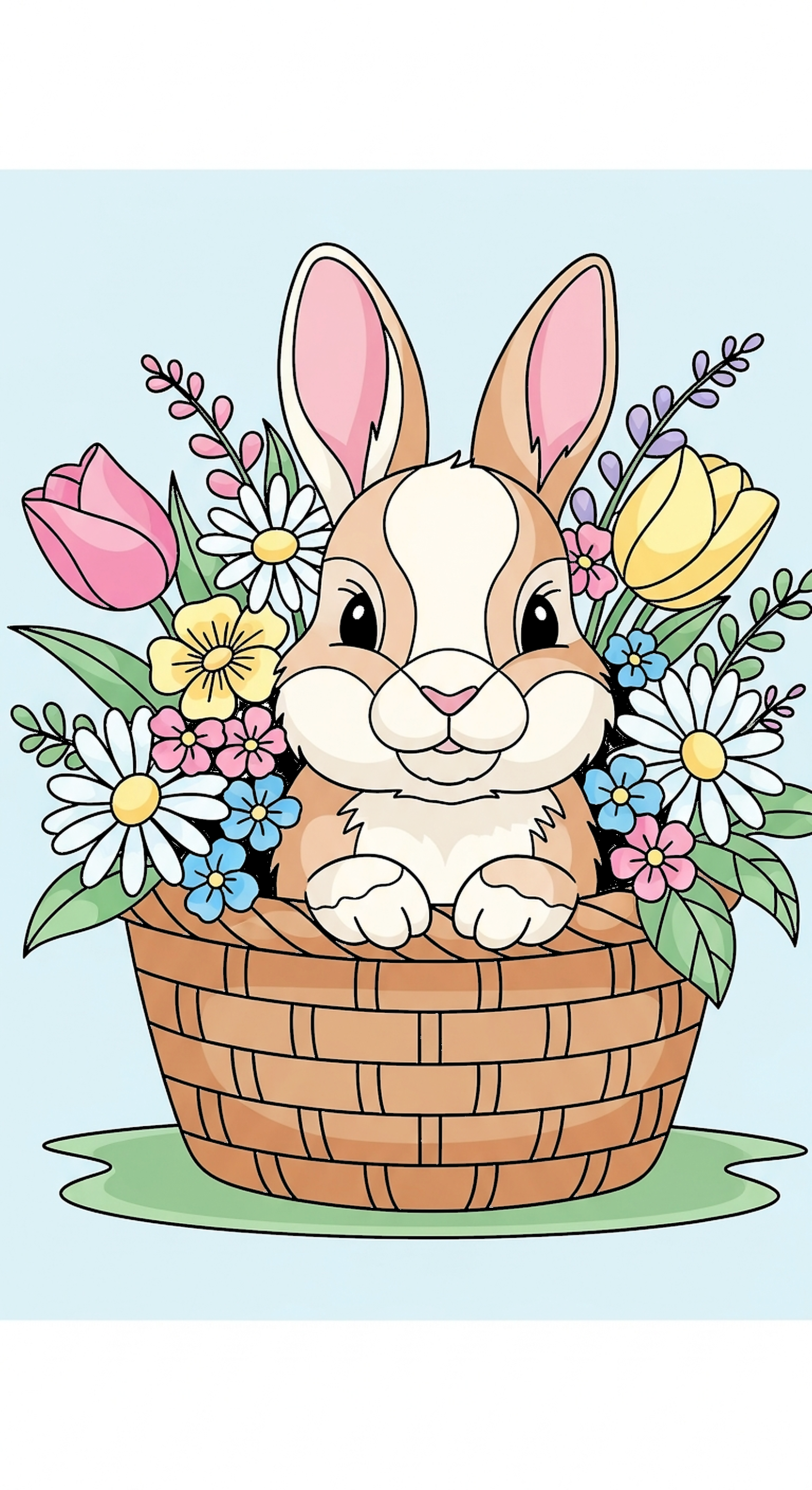 Baby Rabbit Inside A Basket Of Flowers coloring page