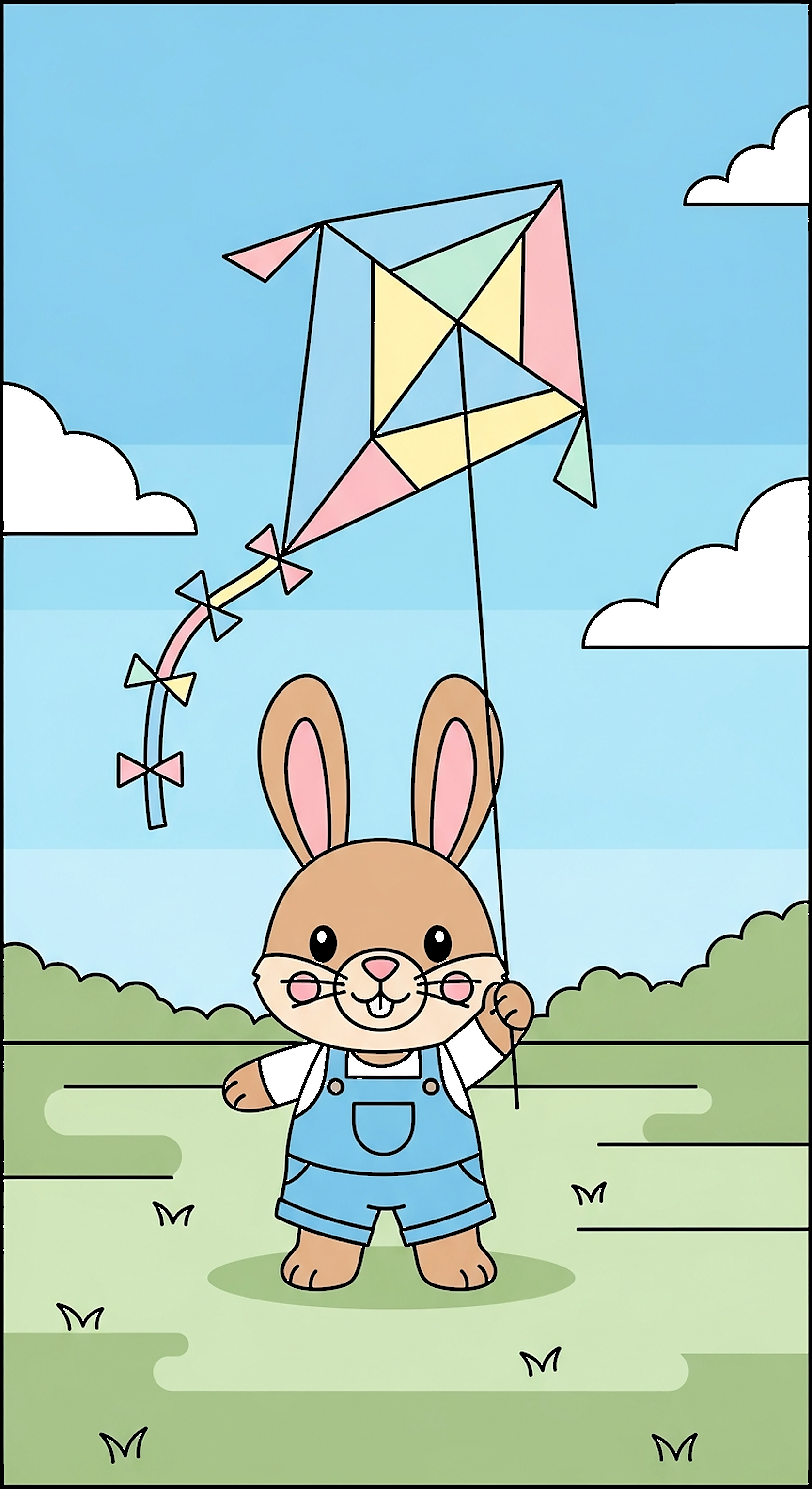 Bunny Flying A Kite In A Field coloring page