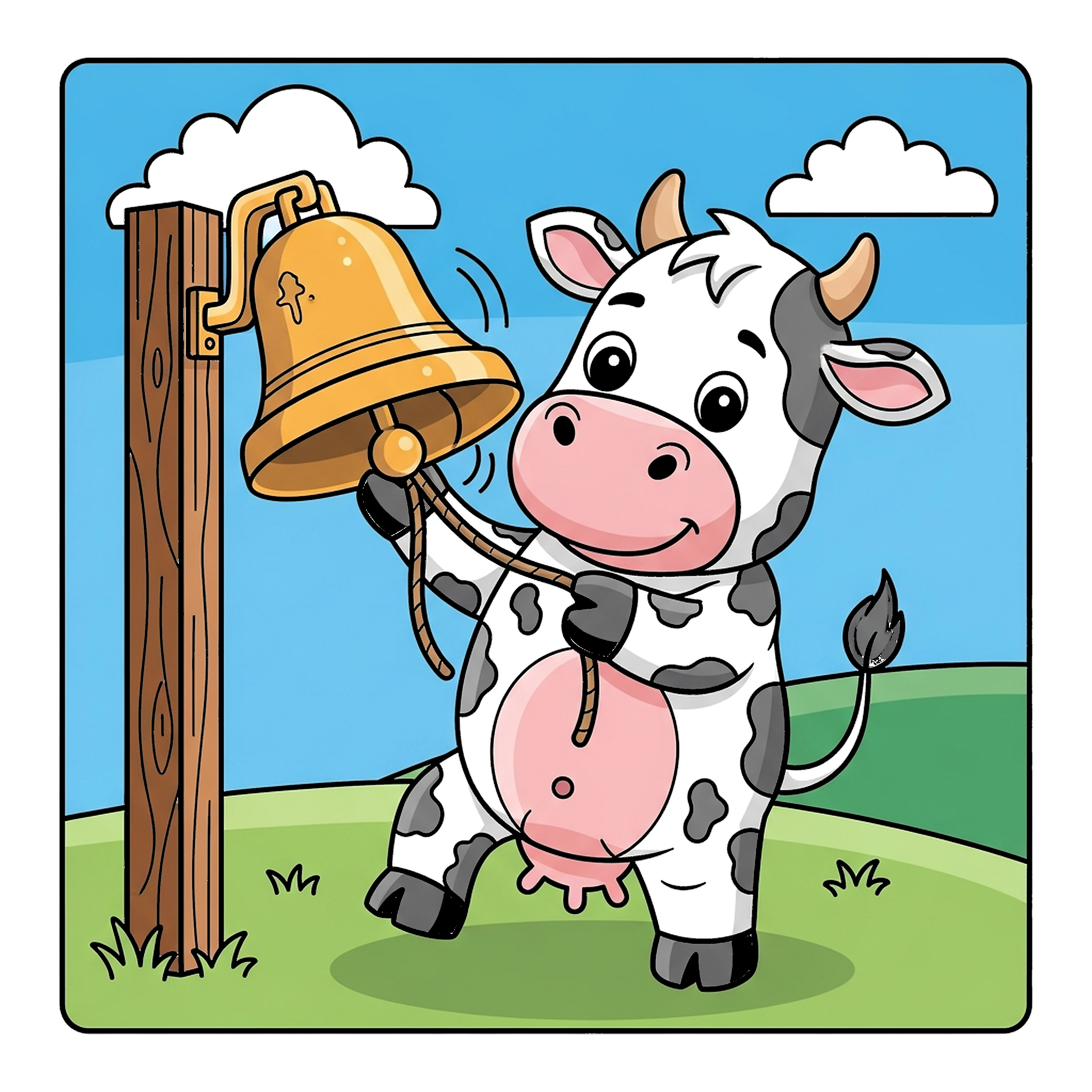 Cartoon Cow Ringing A Farm Bell coloring page