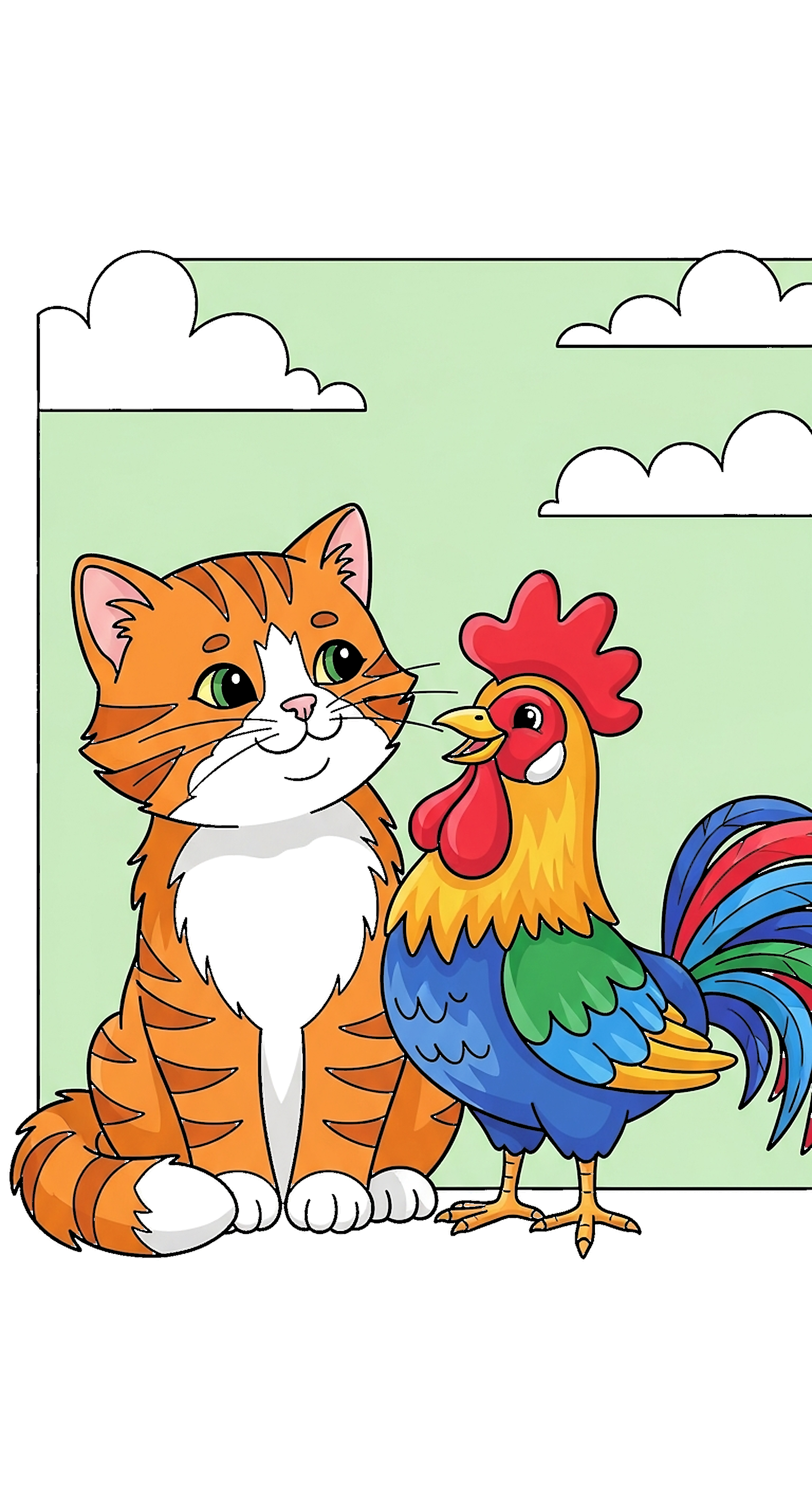 Cat Sitting Beside A Rooster Friendly Scene coloring page