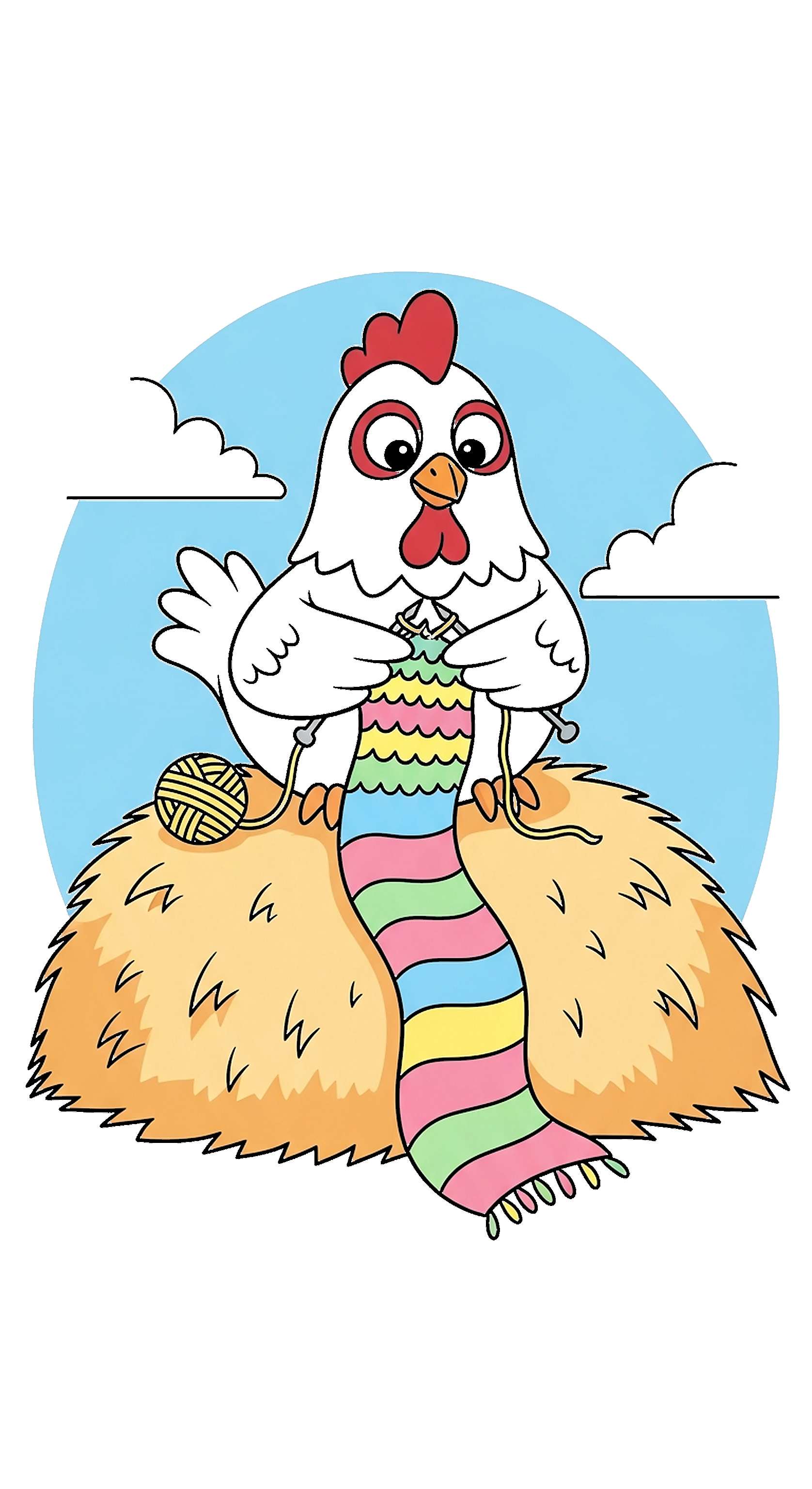 Chicken Sitting On A Haystack Knitting A Scarf coloring page