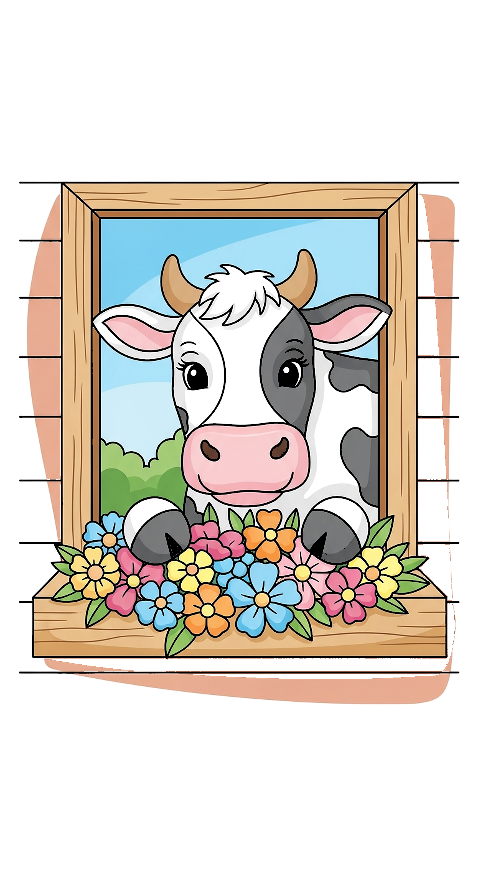 Cow Peeking Out Of A Barn Window With Flowers coloring page