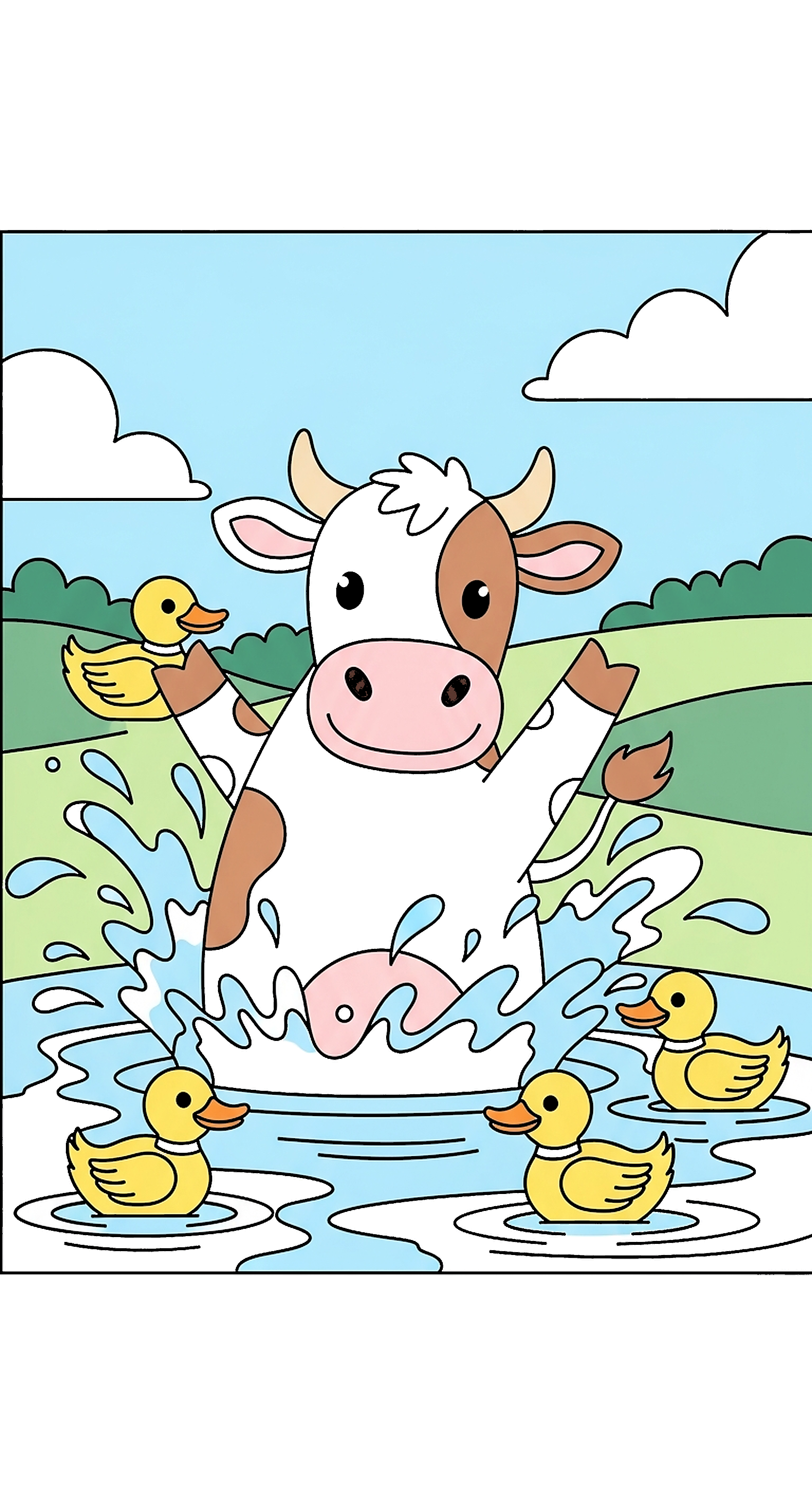 Cow Splashing In A Small Pond With Ducks coloring page