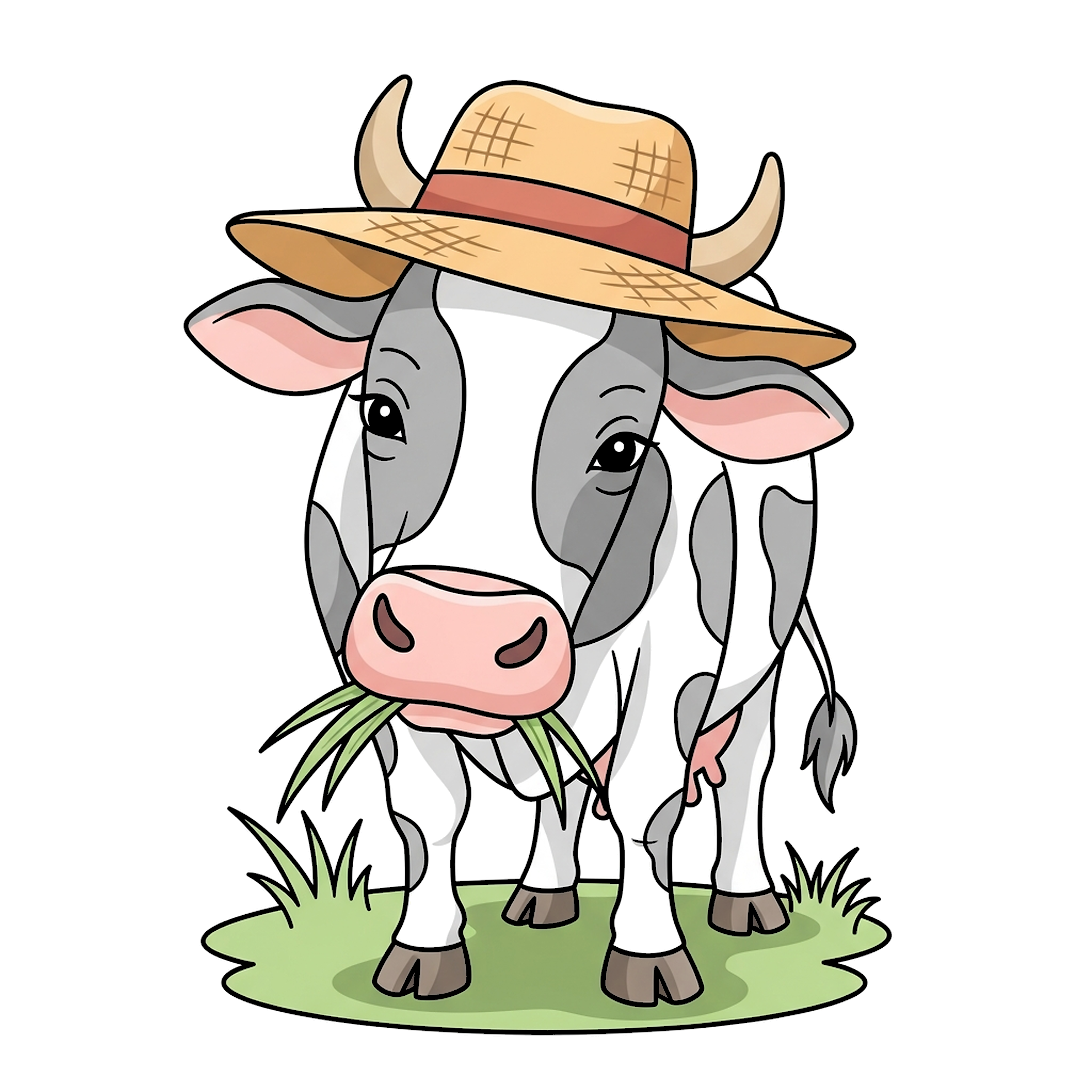 Cow Wearing A Straw Hat And Eating Grass coloring page