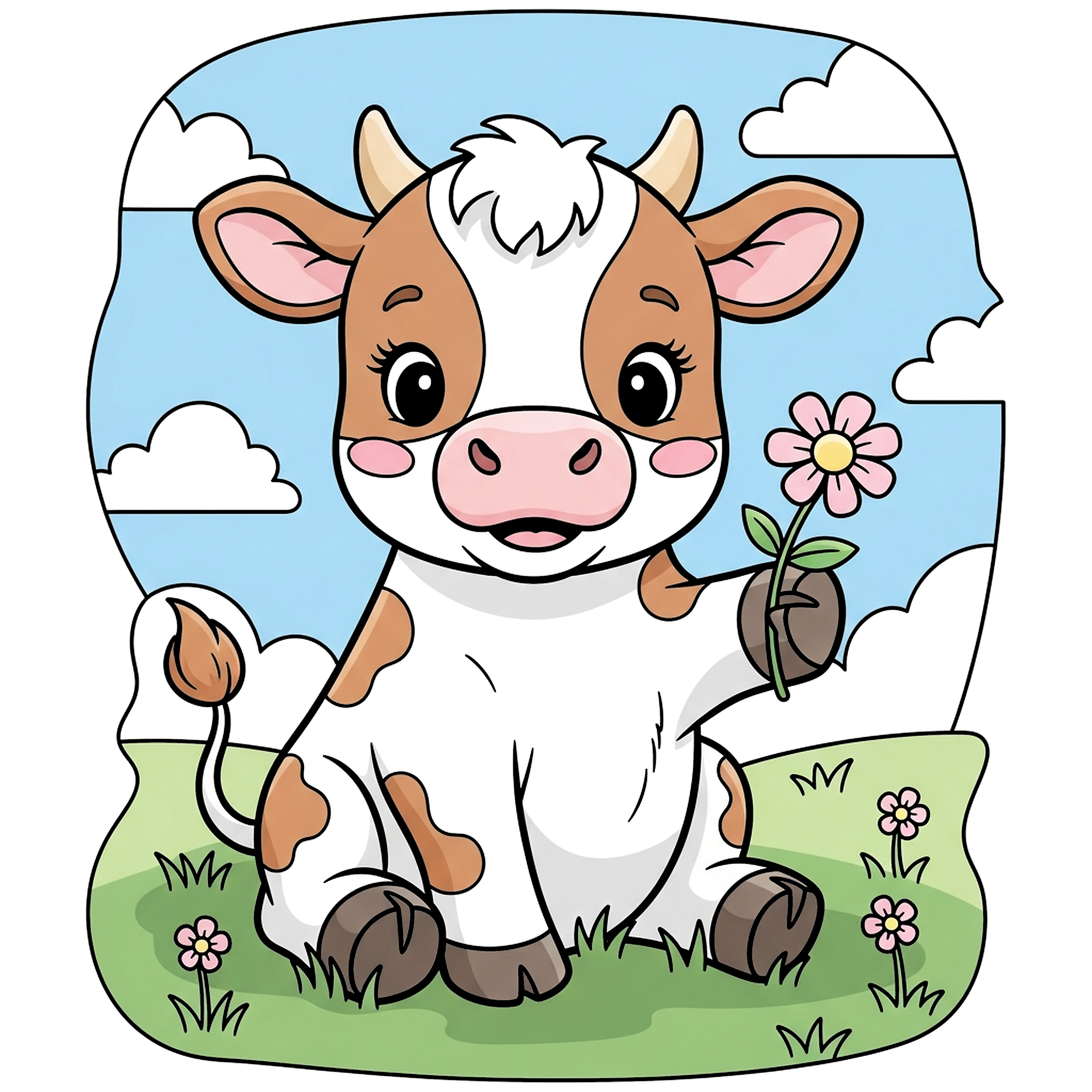 Cute Baby Cow Sitting In A Field Holding A Tiny Flower coloring page