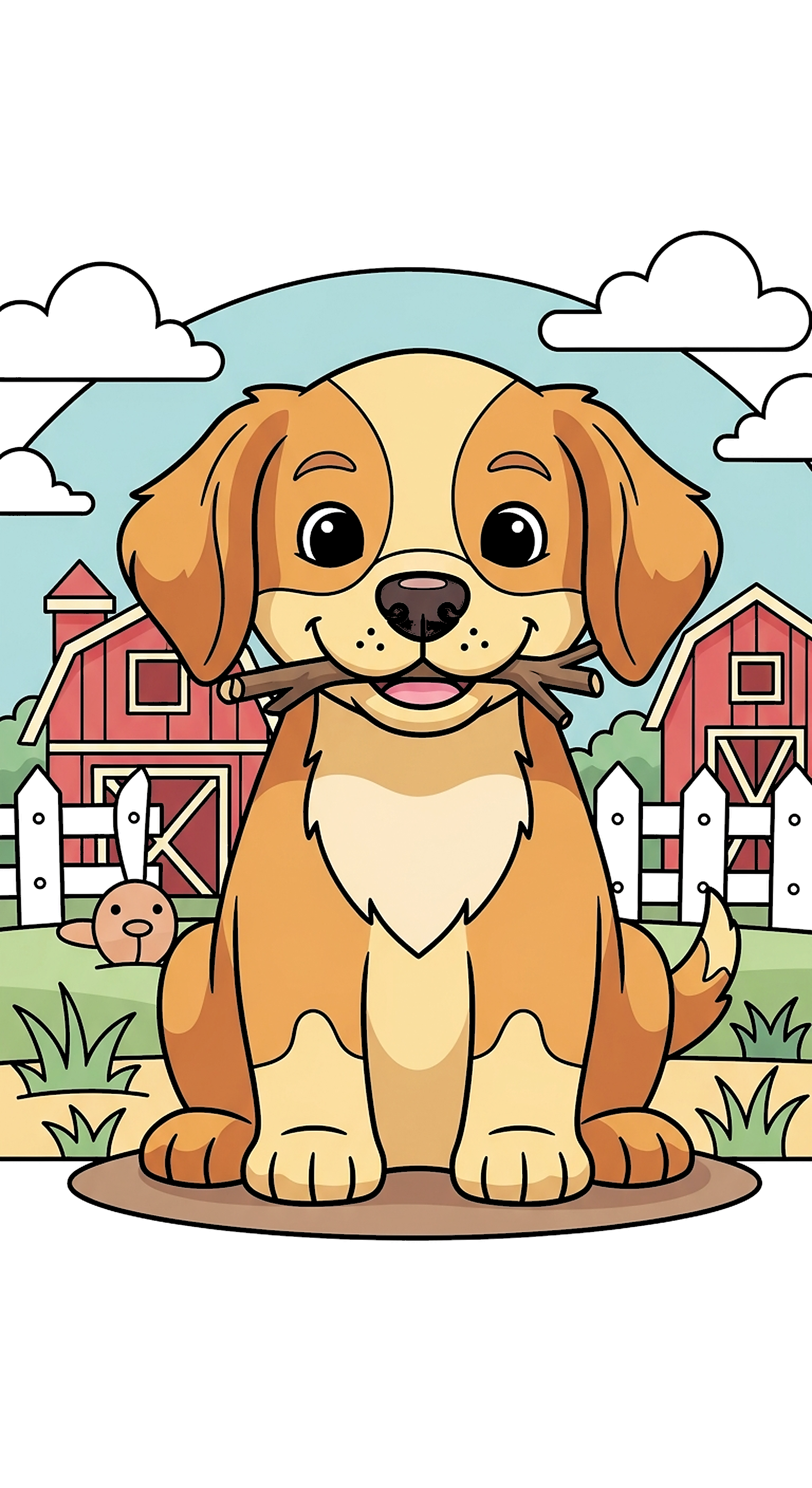 Cute Farm Puppy Holding A Little Stick coloring page