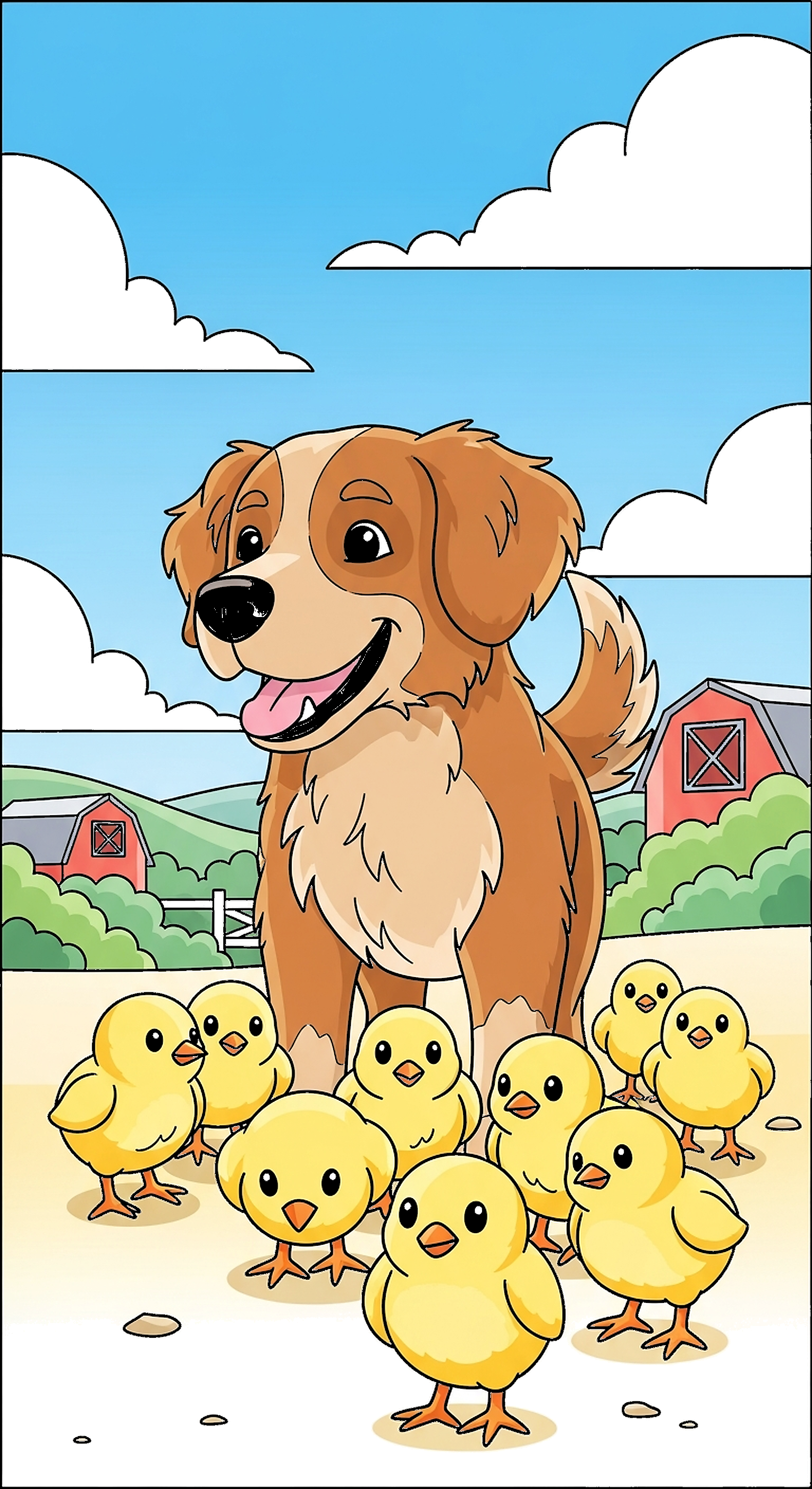 Dog Herding Tiny Chicks Gently Across The Farmyard coloring page