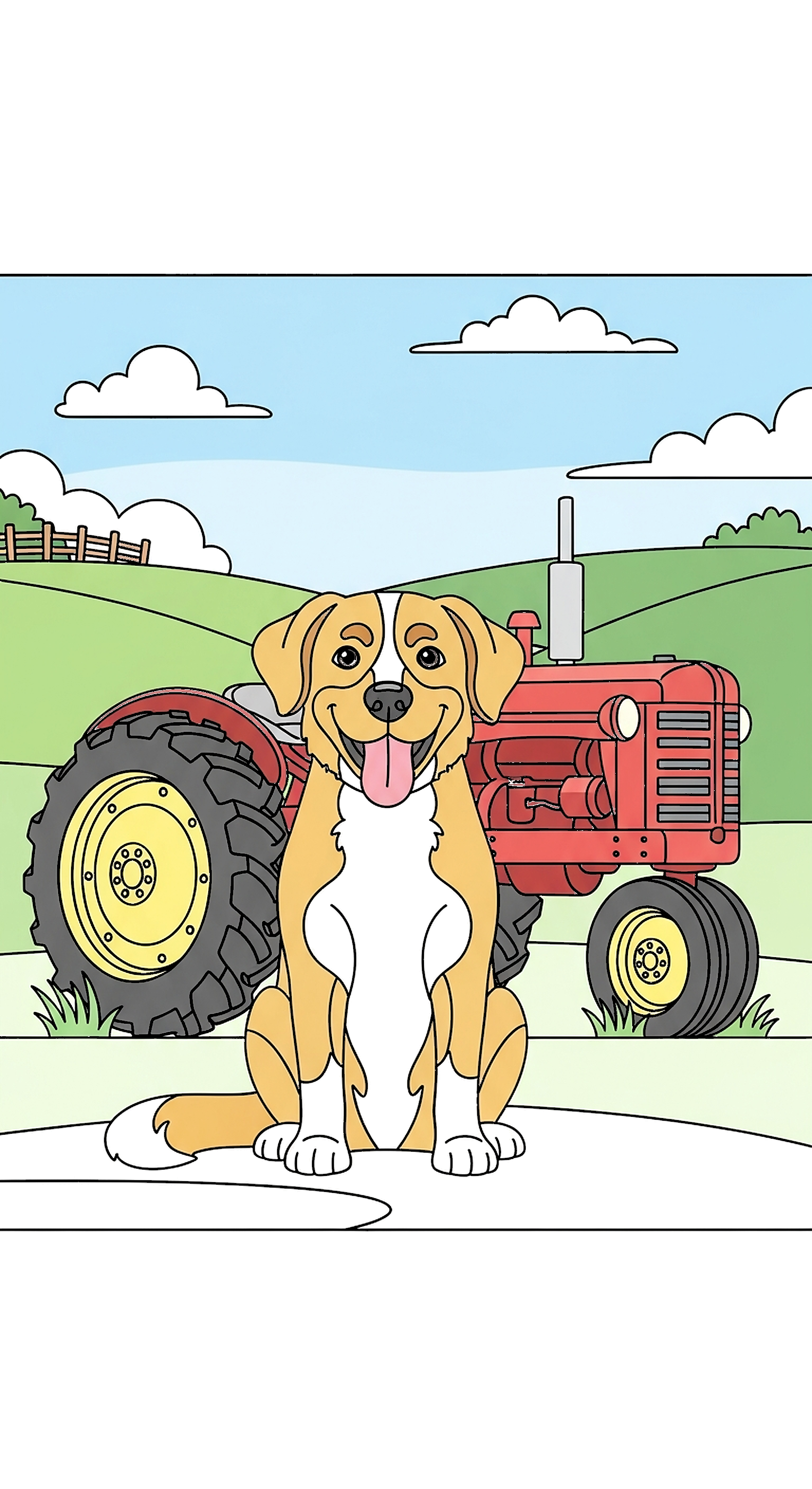 Dog Sitting Proudly Beside A Tractor coloring page