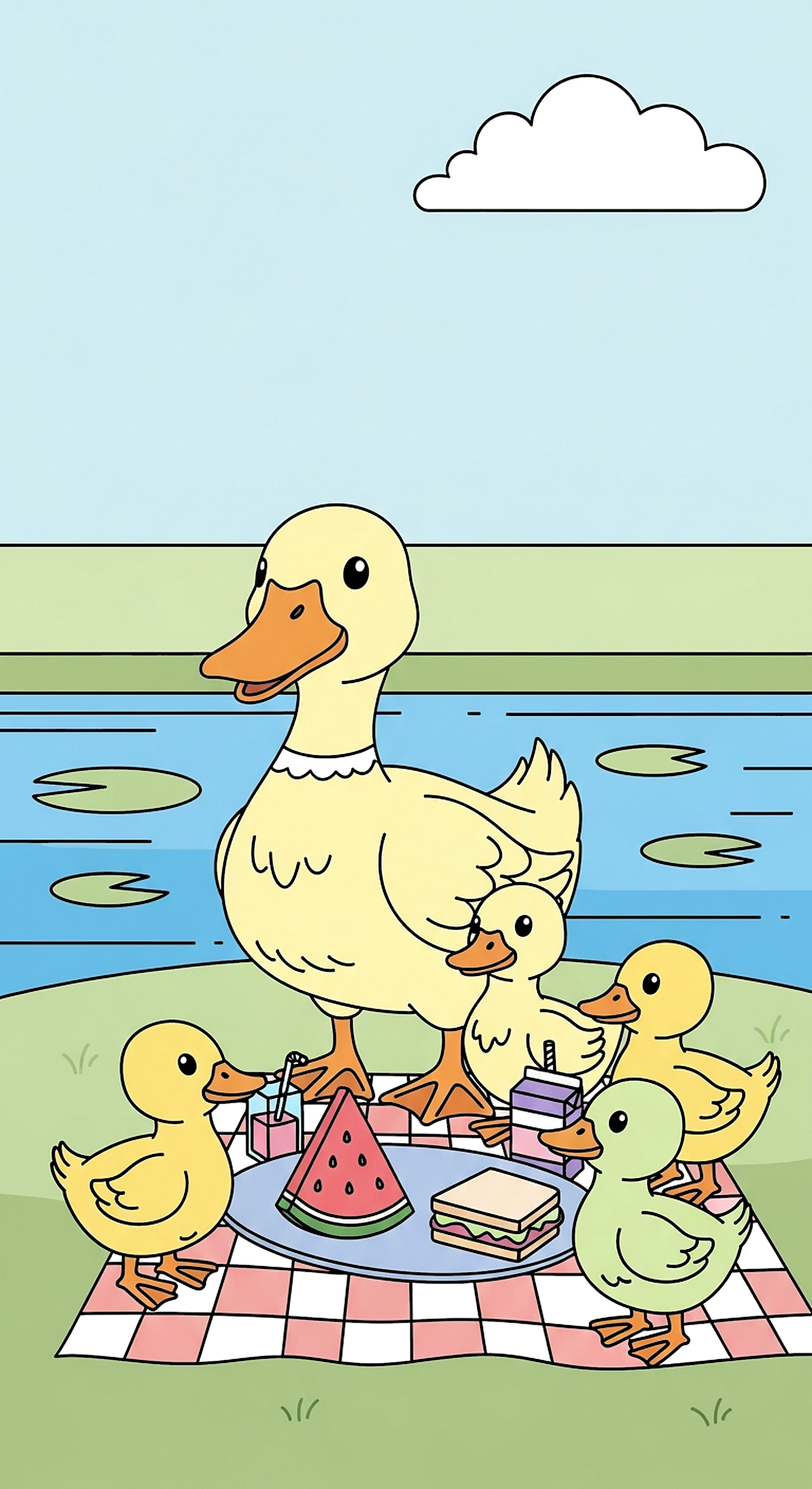 Duck Family Enjoying A Picnic Near Water coloring page