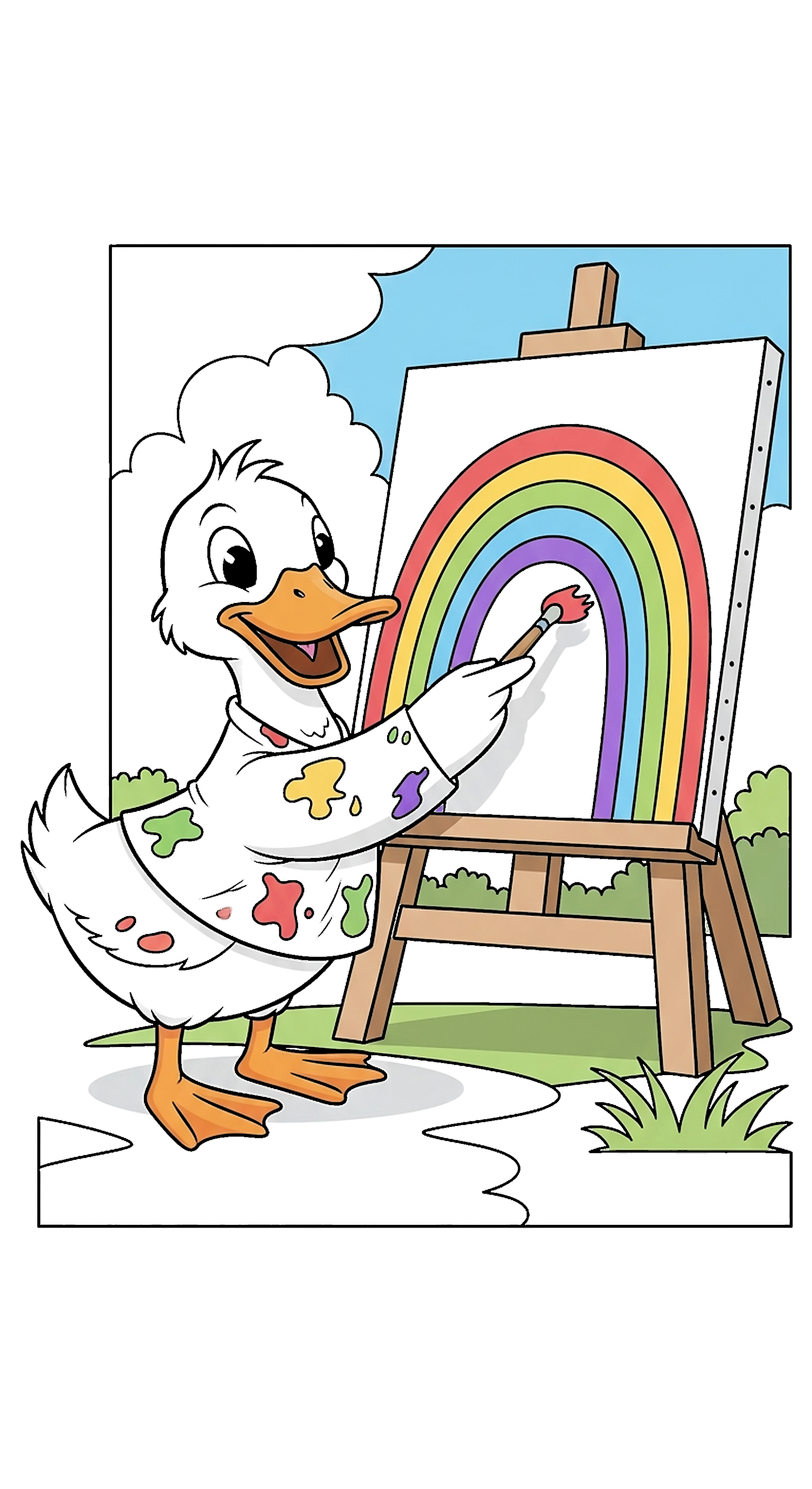 Duck Painting A Rainbow On A Canvas coloring page