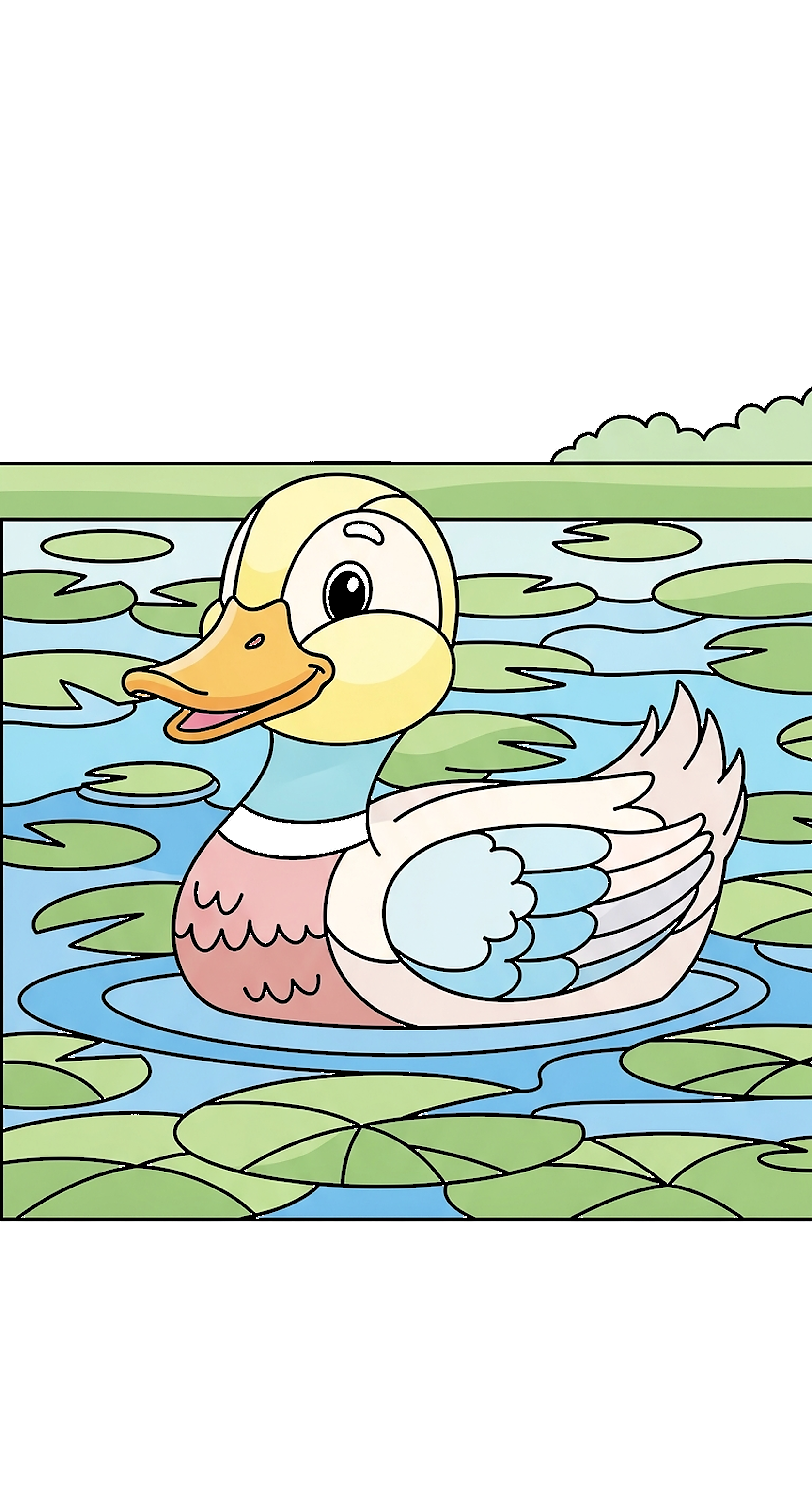 Duck Swimming With Lily Pads Pastel Tones coloring page