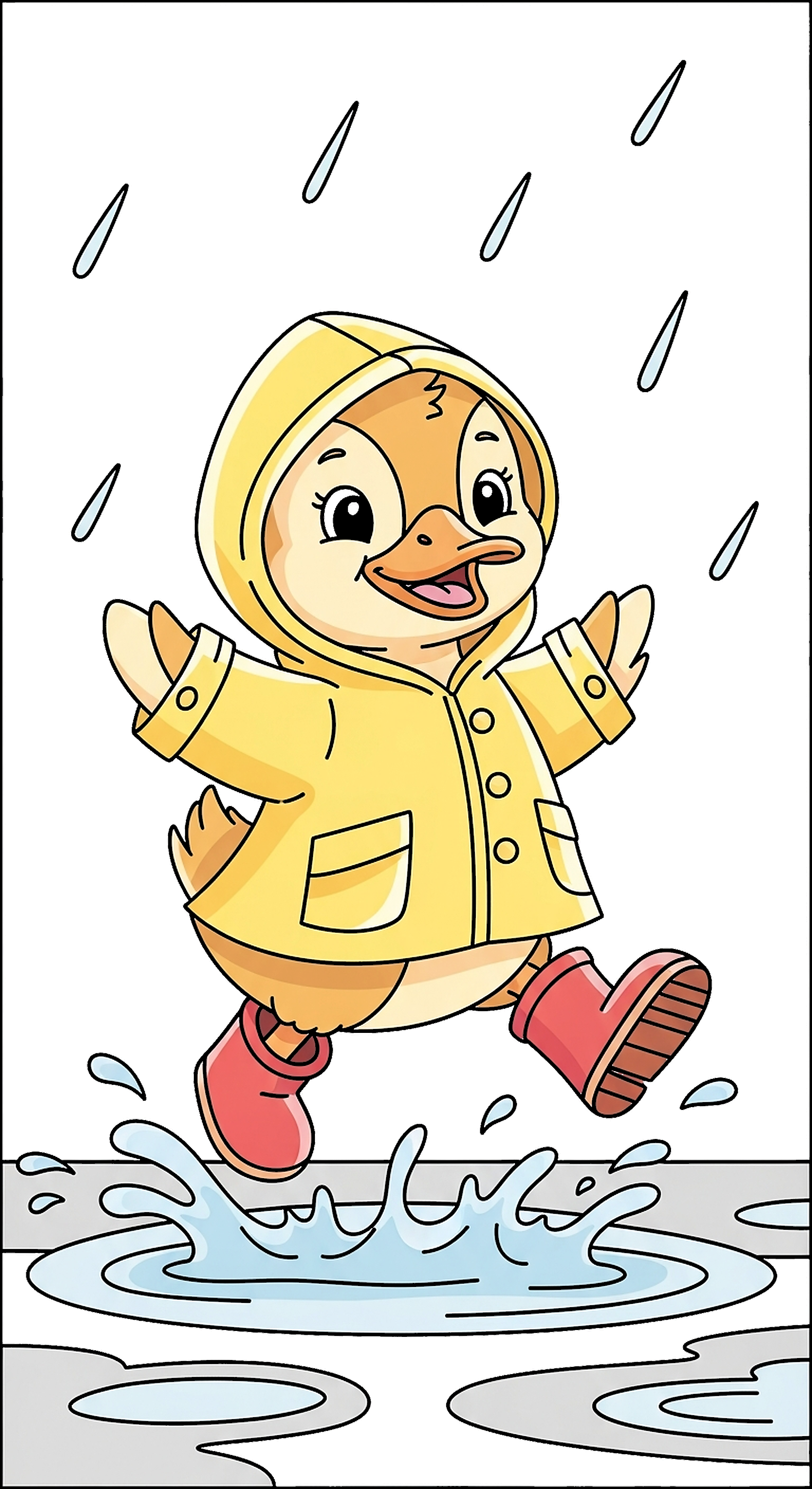 Duckling Wearing A Raincoat And Boots Jumping coloring page