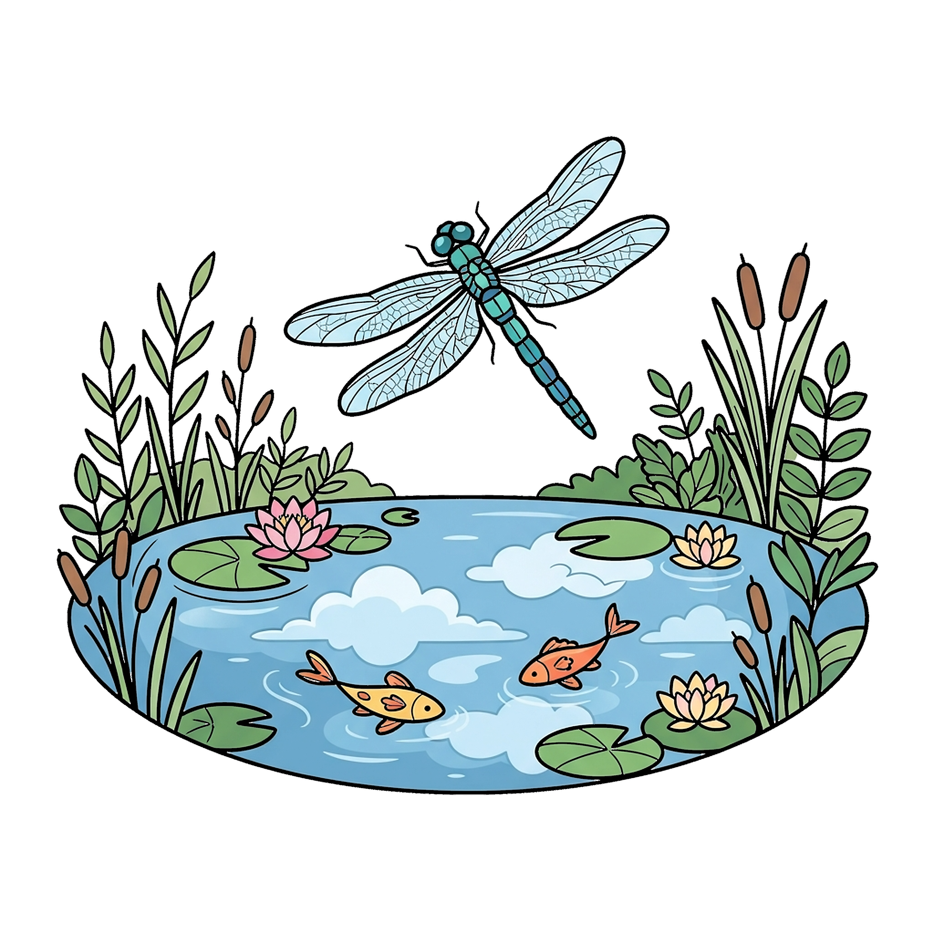 Dragonfly Hovering Over Pond coloring page