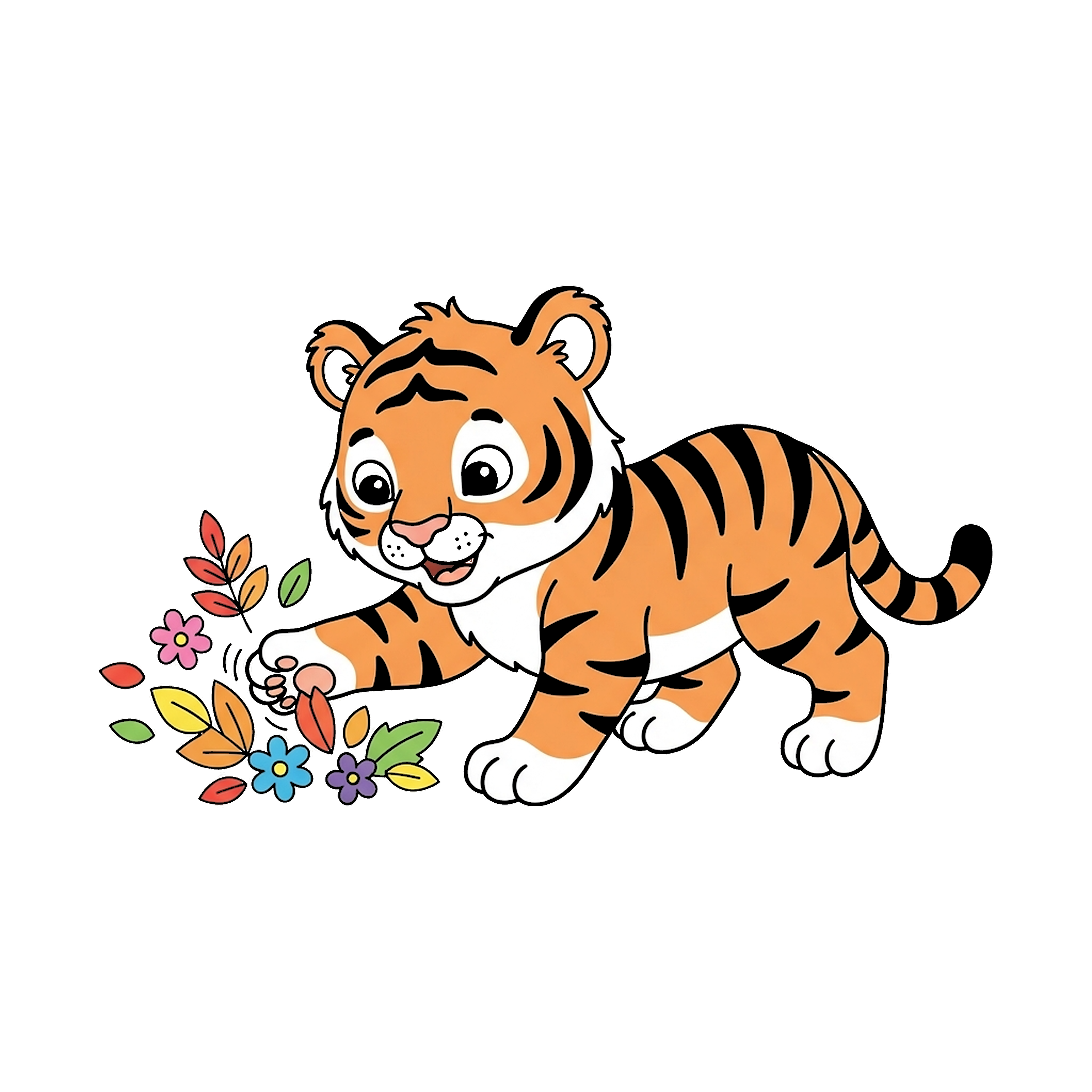 Baby Tiger Playing With Leaves coloring page