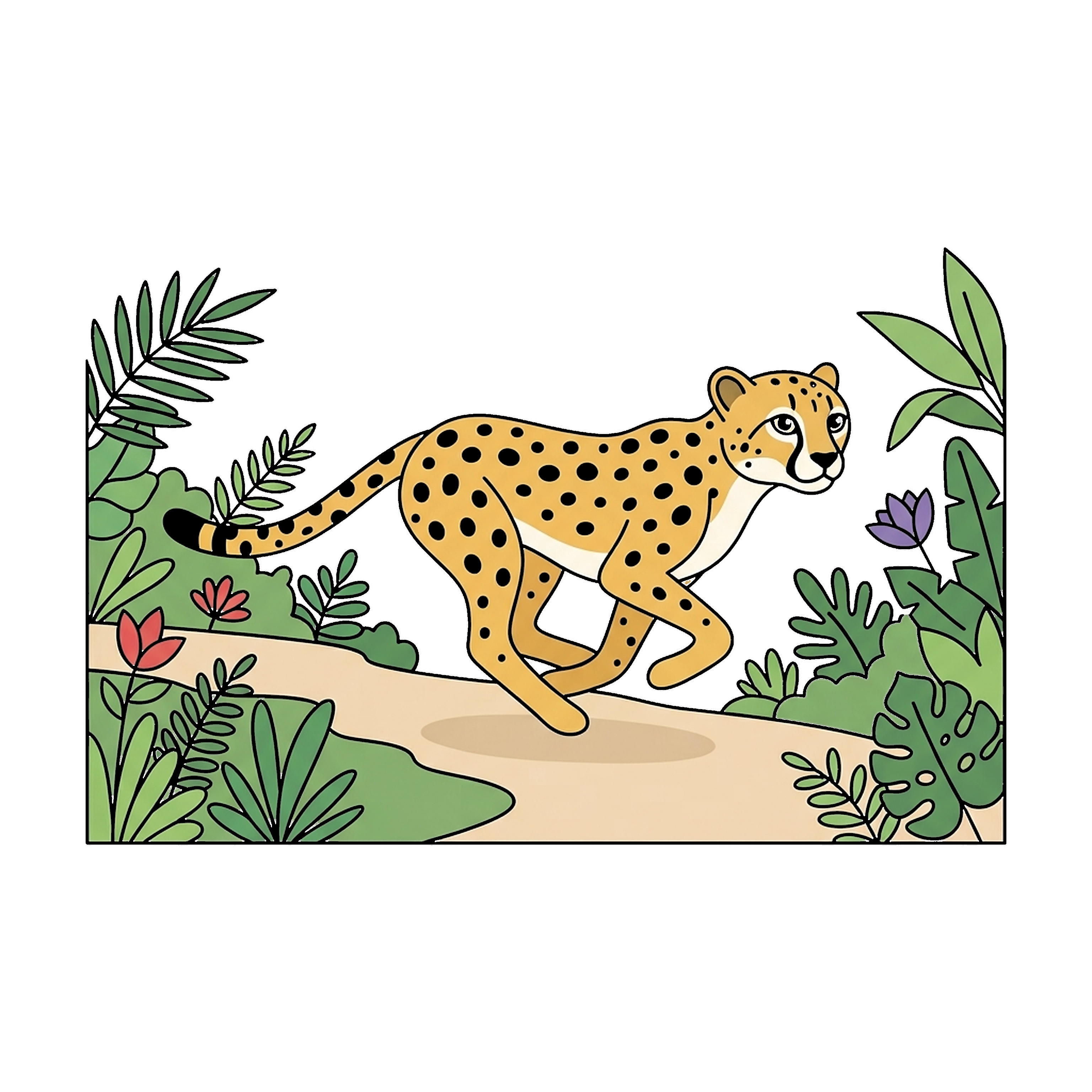 Cheetah Running Past Flowers coloring page