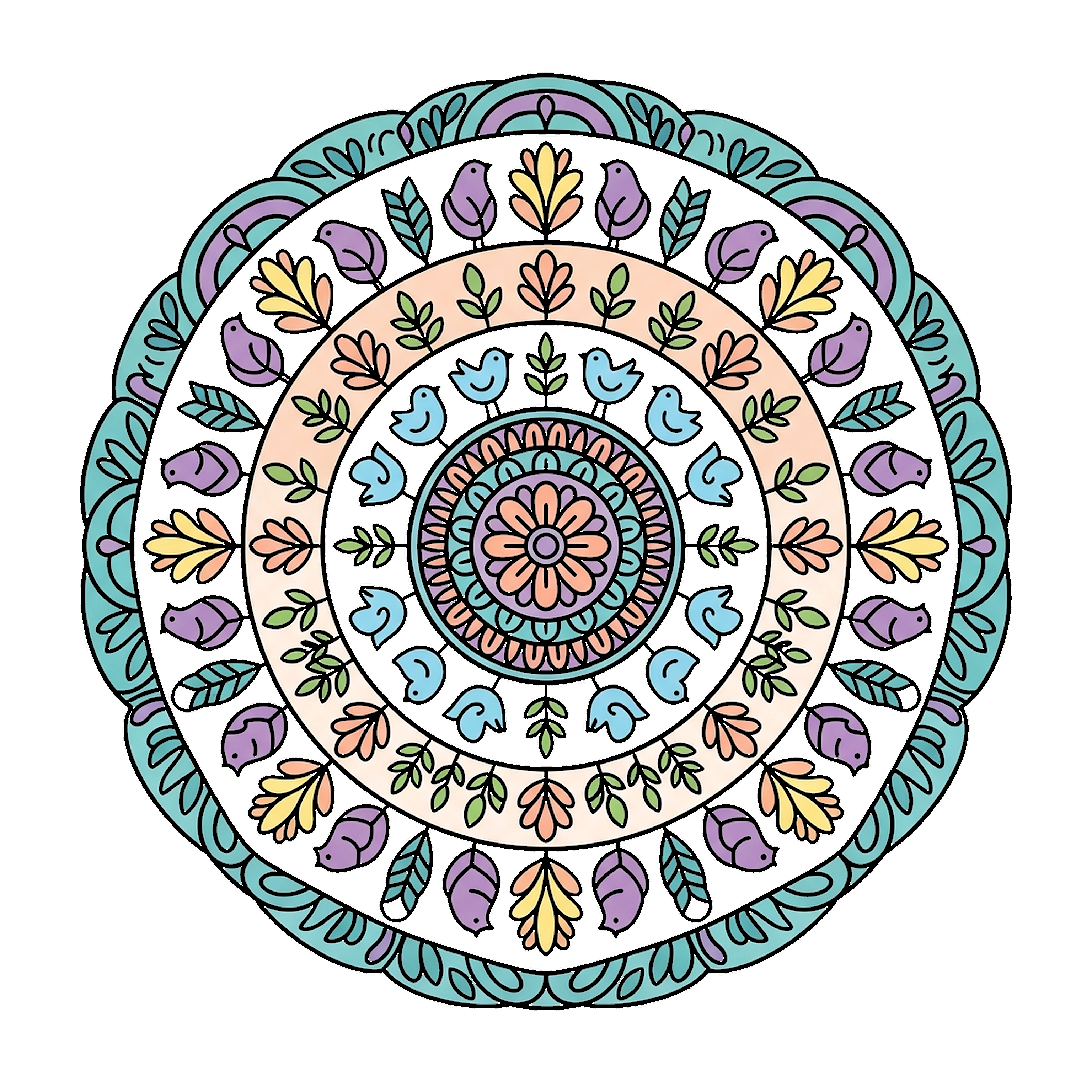 Mandala With Birds And Leaves coloring page