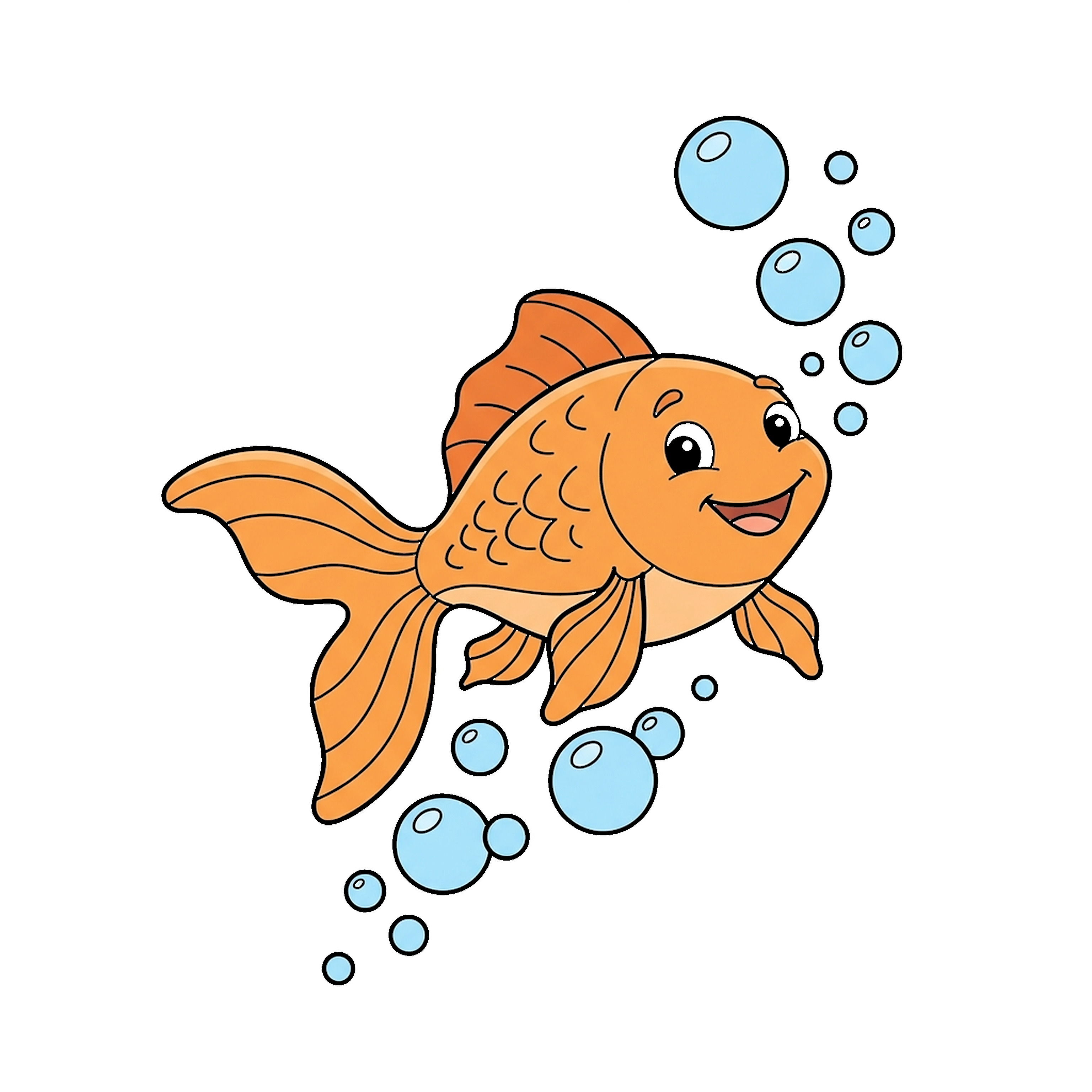 Happy Goldfish Swimming In Bubbles coloring page