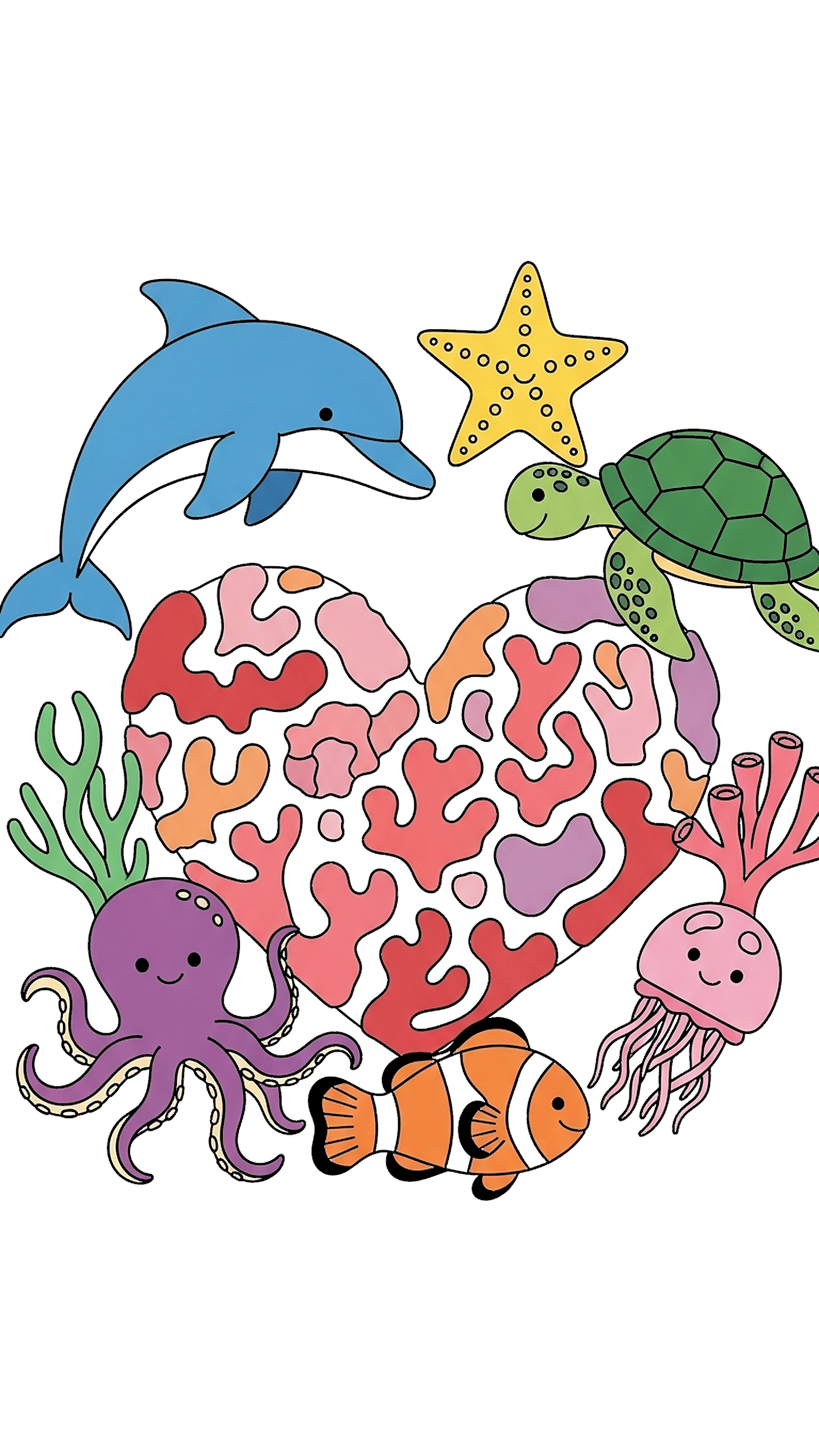 Ocean Animals Around Coral Heart coloring page