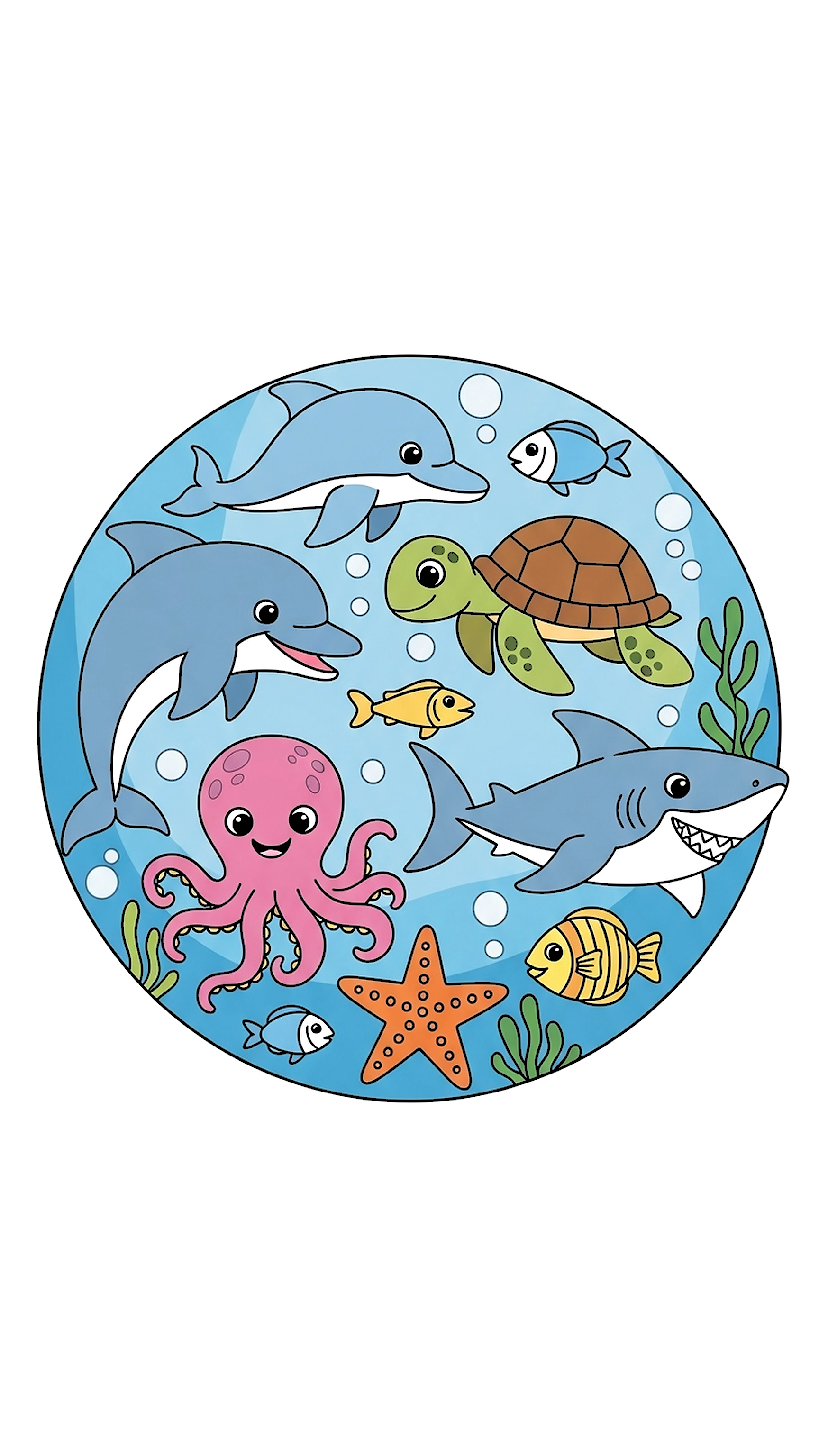 Ocean Animals In Circle Frame coloring page