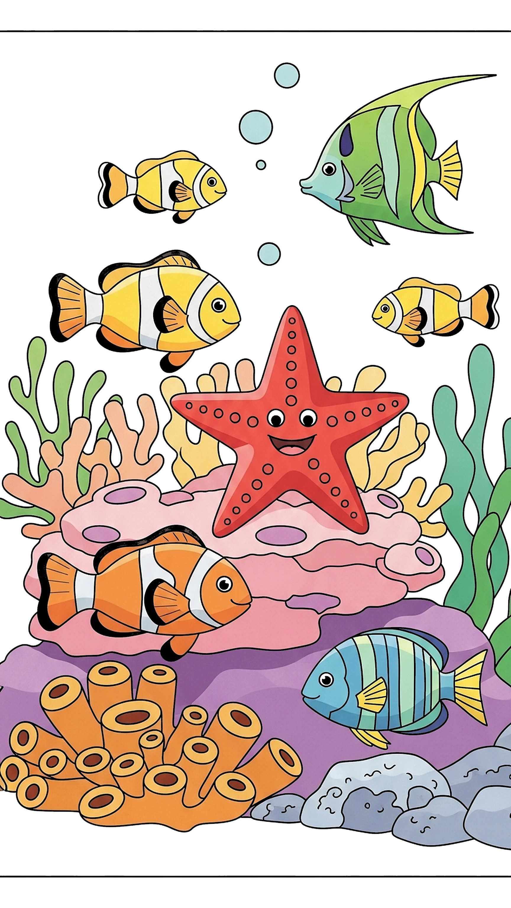 Reef Scene With Starfish And Fish coloring page
