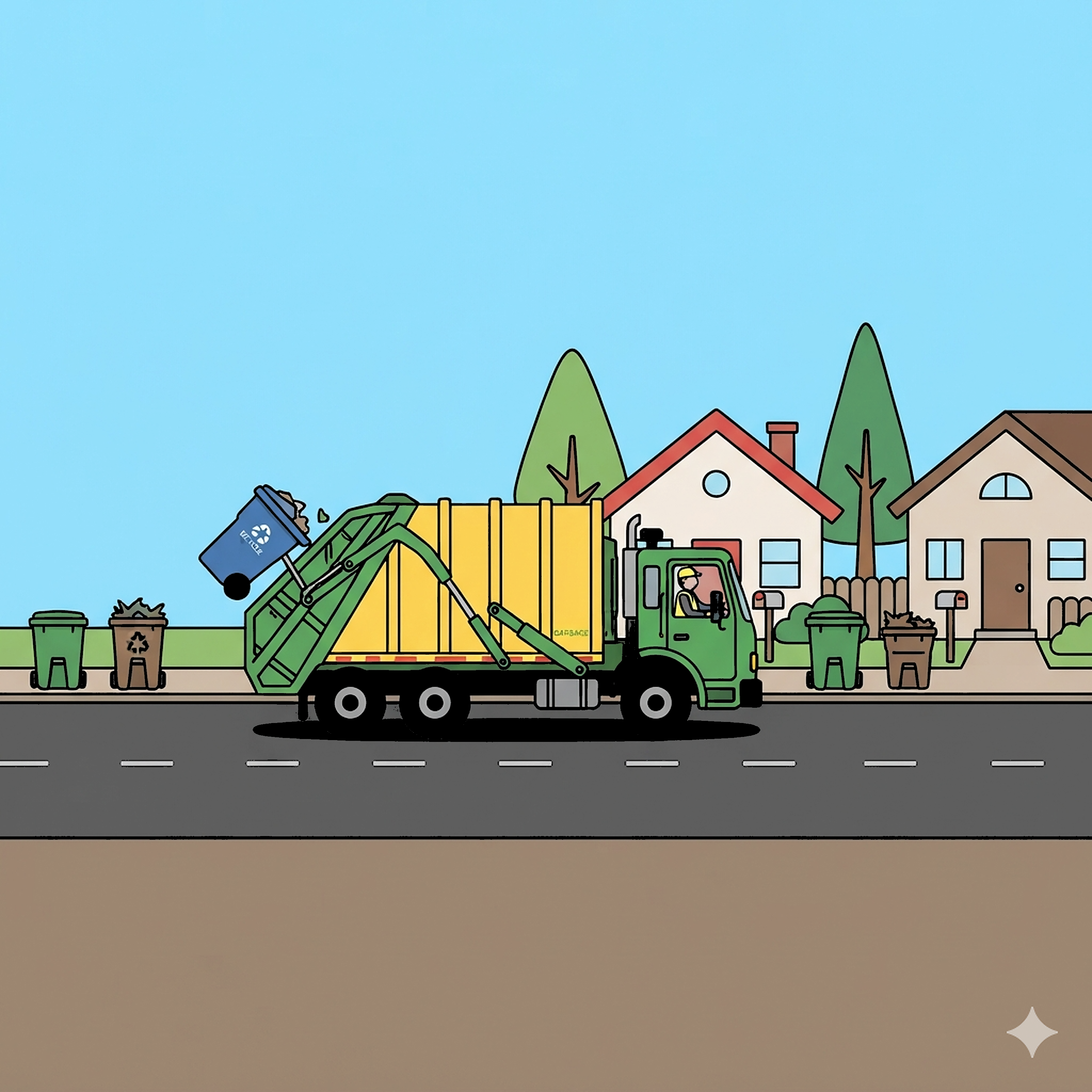 Garbage Truck On Neighborhood Street coloring page