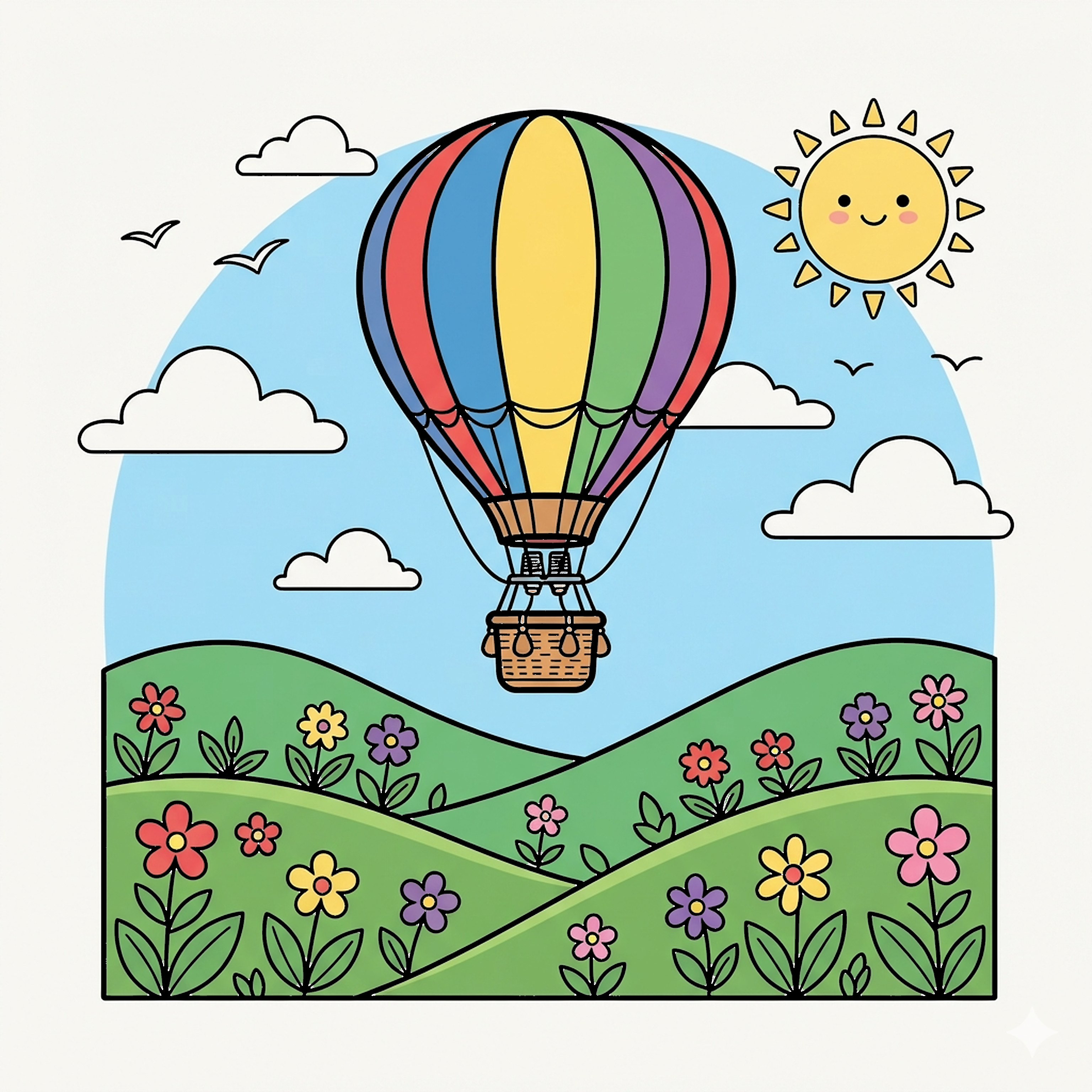 Hot Air Balloon Over Hills coloring page