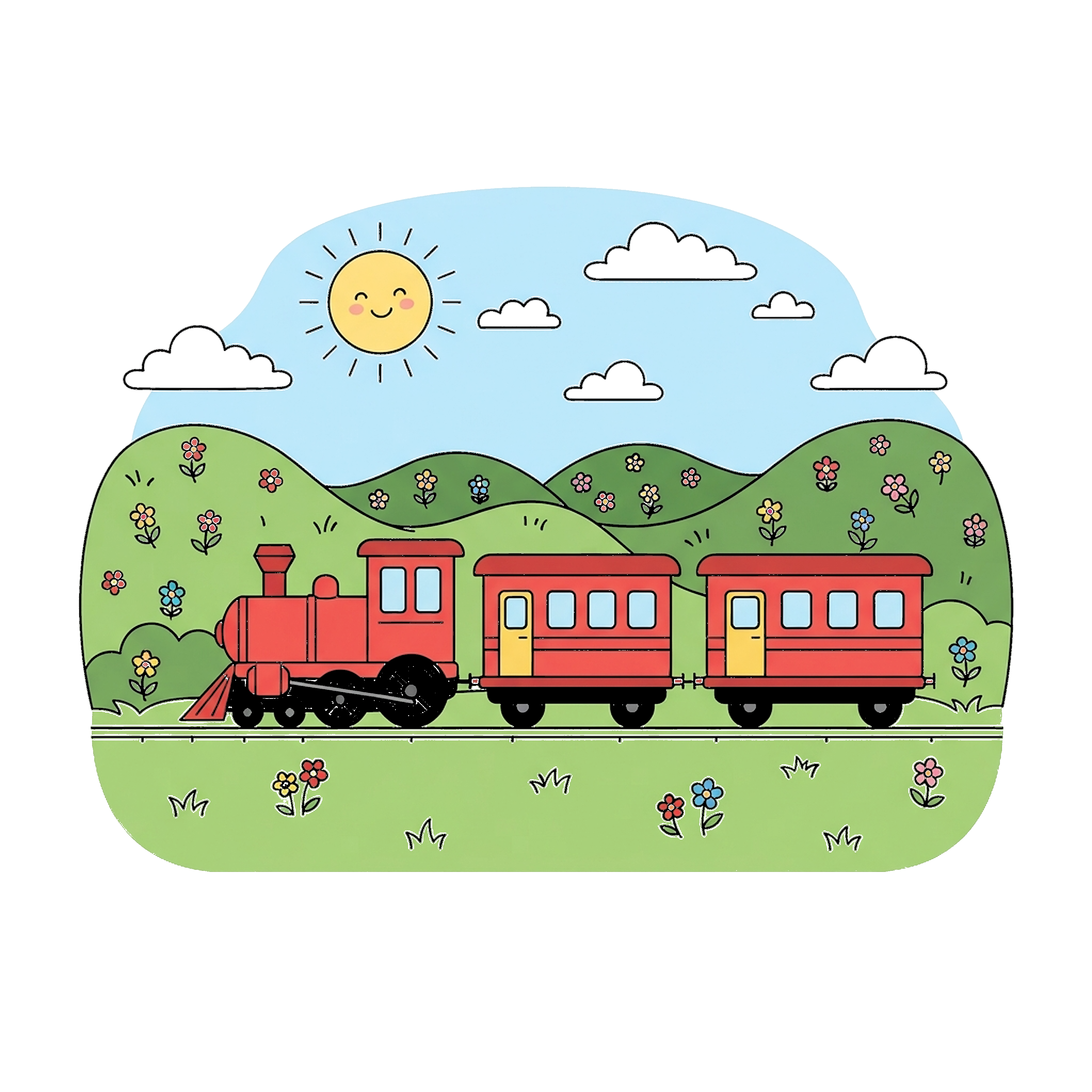 Red Train Through Countryside coloring page