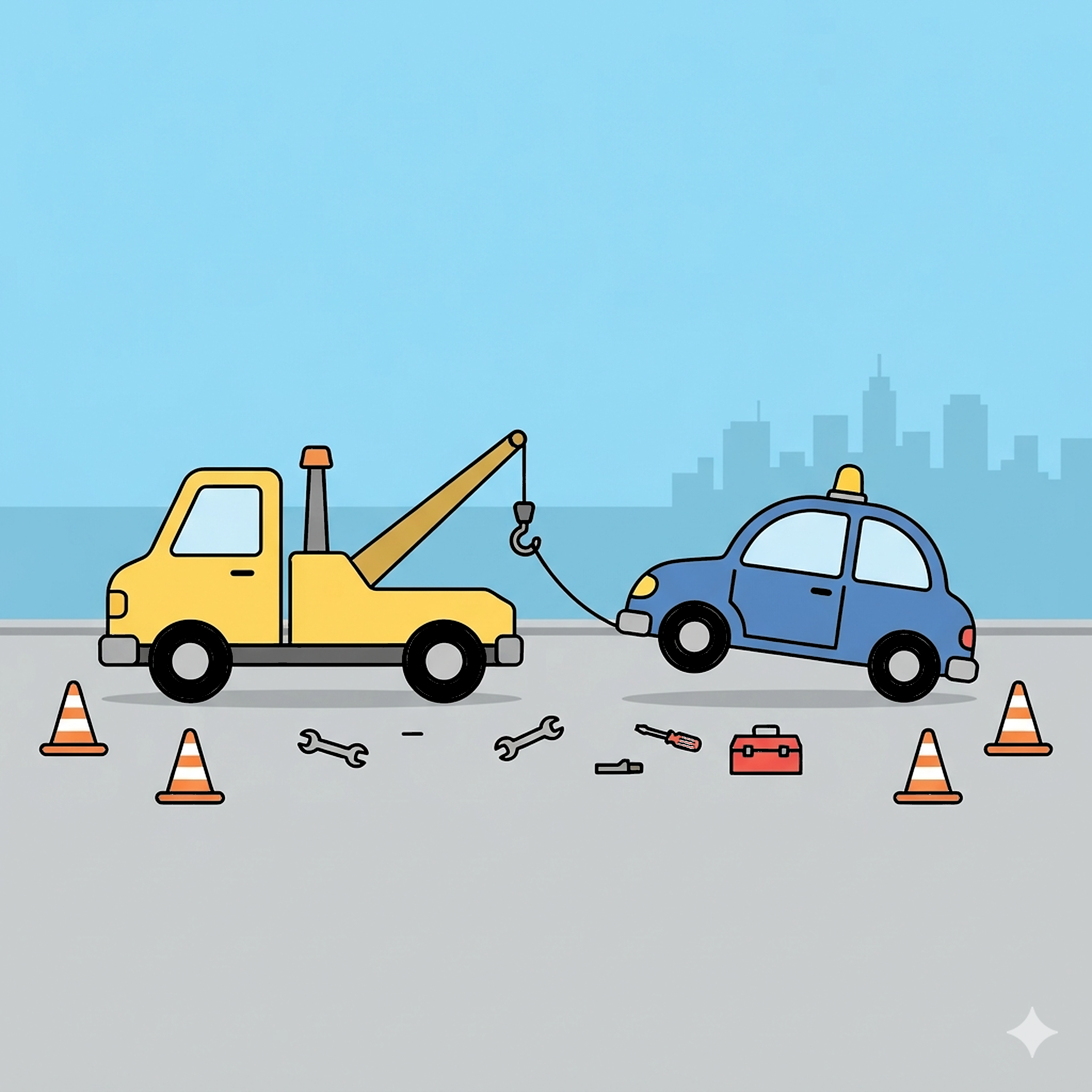 Tow Truck Helping Broken Car coloring page