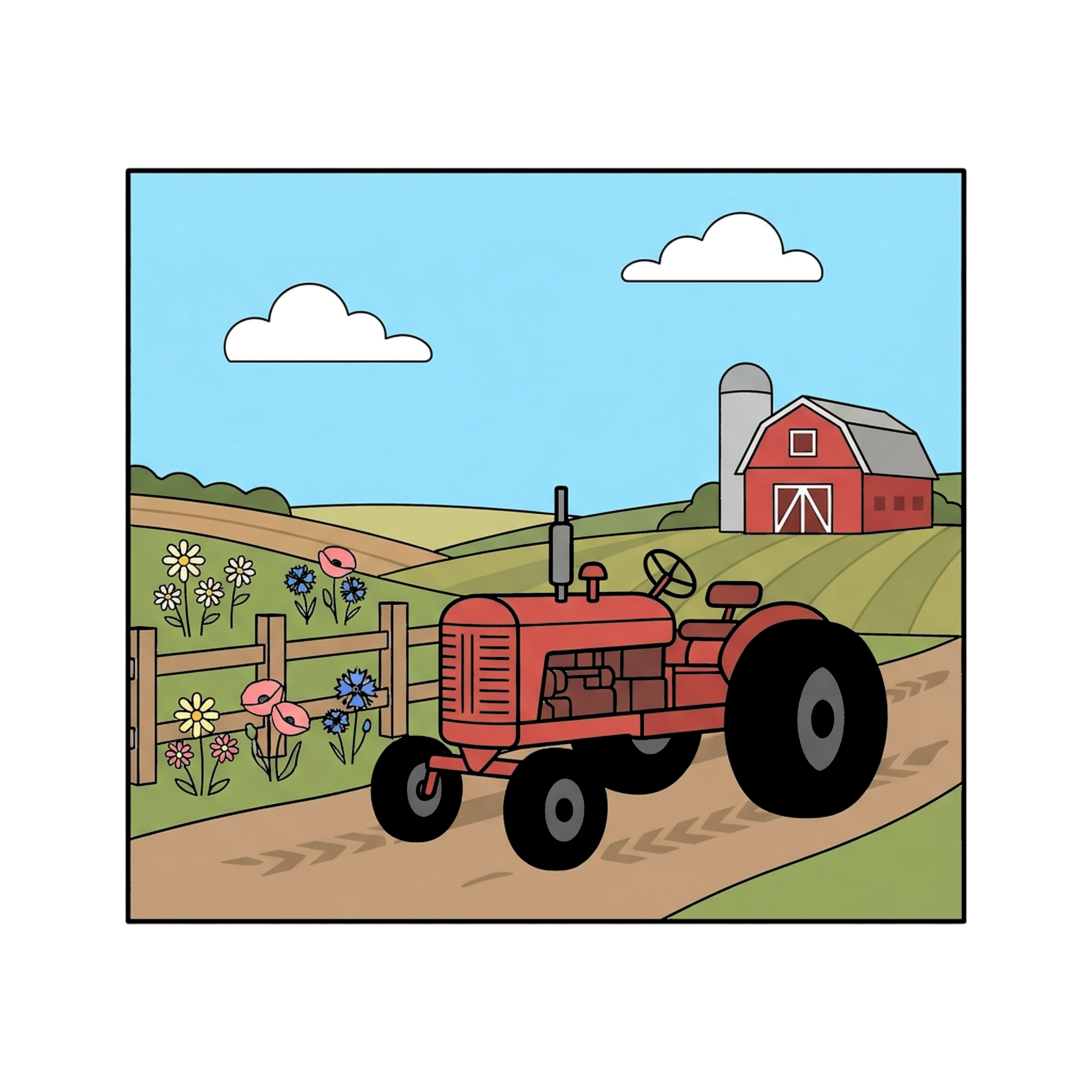 Tractor On Farm Road coloring page